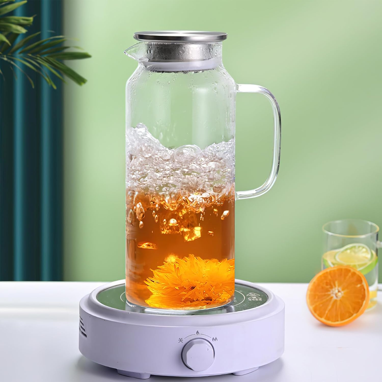 2L 68 Oz G Glass Water Jar with Lid and Handle, Refrigerator Jar, Iced Tea and Homemade Juice Jar, Heat-Resistant Borosilicate Glass Hot/Cold Water Jar. image number 3