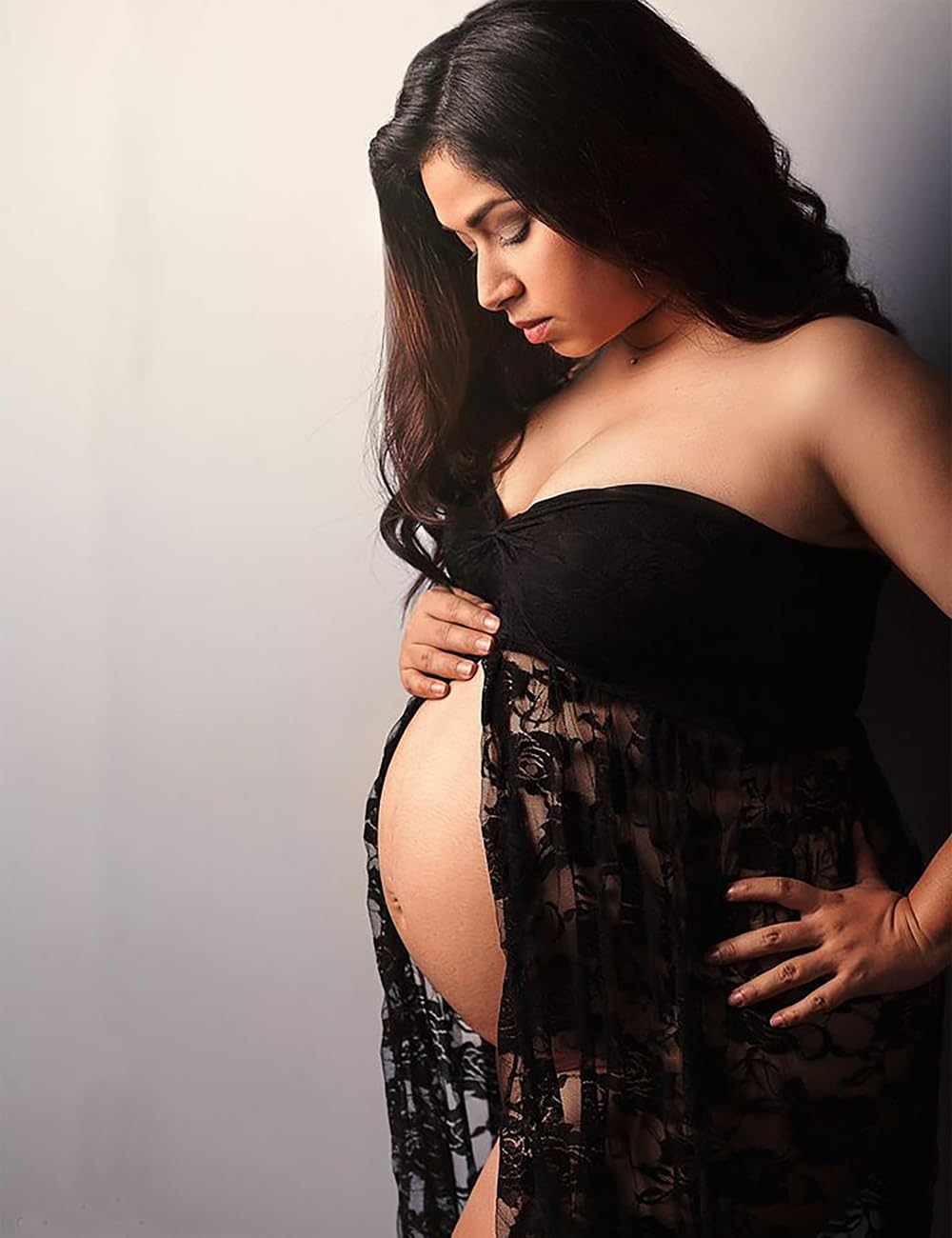 VSNOW Maternity off Shoulder Lace Photography Dress Front Split Sleeveless Maxi Chiffon Gown for Photoshoot image number 6