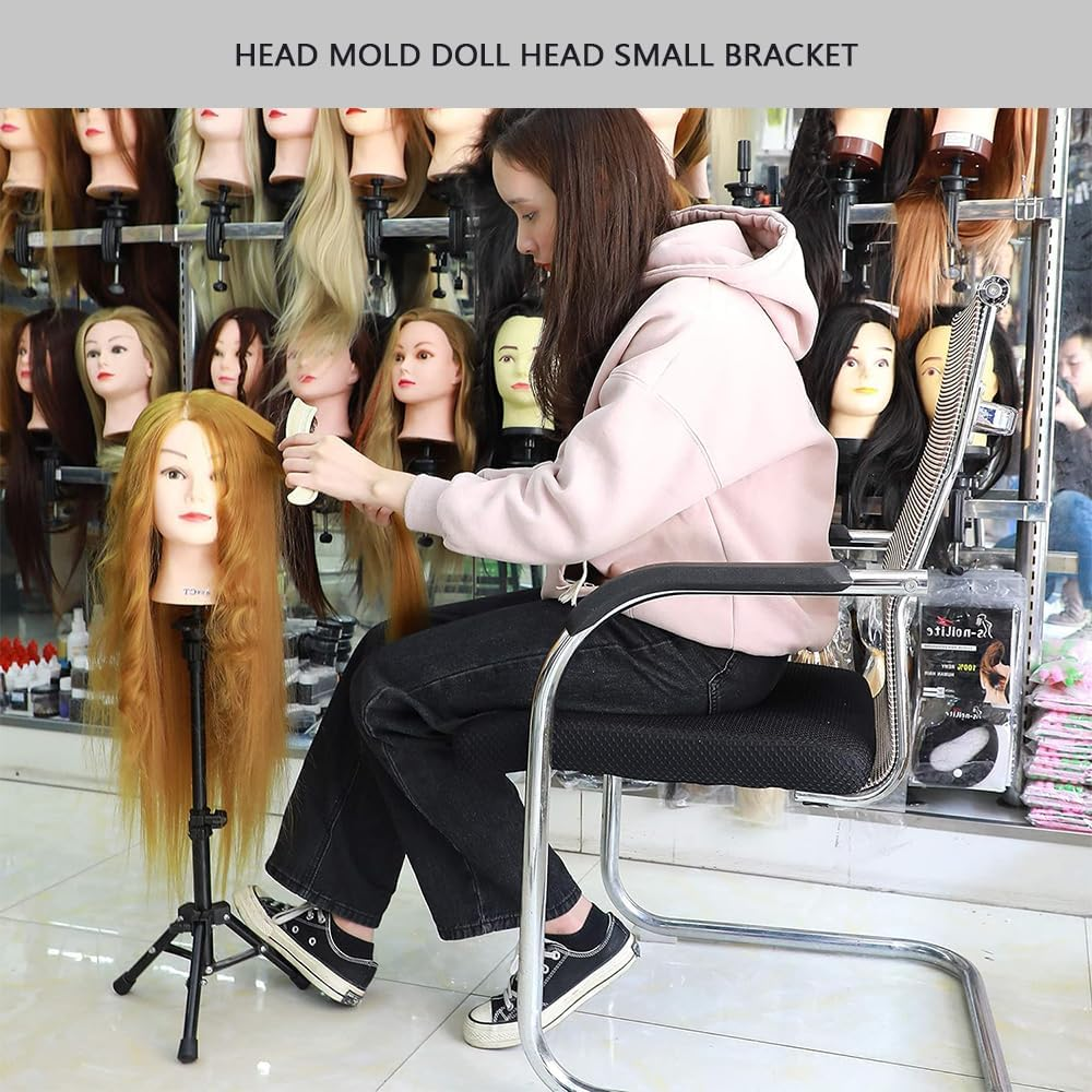 HYAVIA Mini Wig Tripod Stand &ndash; Adjustable Foldable Mannequin Head Holder for Wig, Canvas Block Head Tripod for Cosmetology Hairdressing Training (Black) image number 5