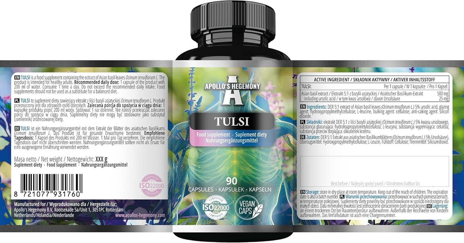 Tulsi Holy Basil 500 Mg - Extract at 5% Ursolic Acid - 90 Vegan Capsules - 90 Days Supply - Stress Resilience Support - by Apollo'S Hegemony