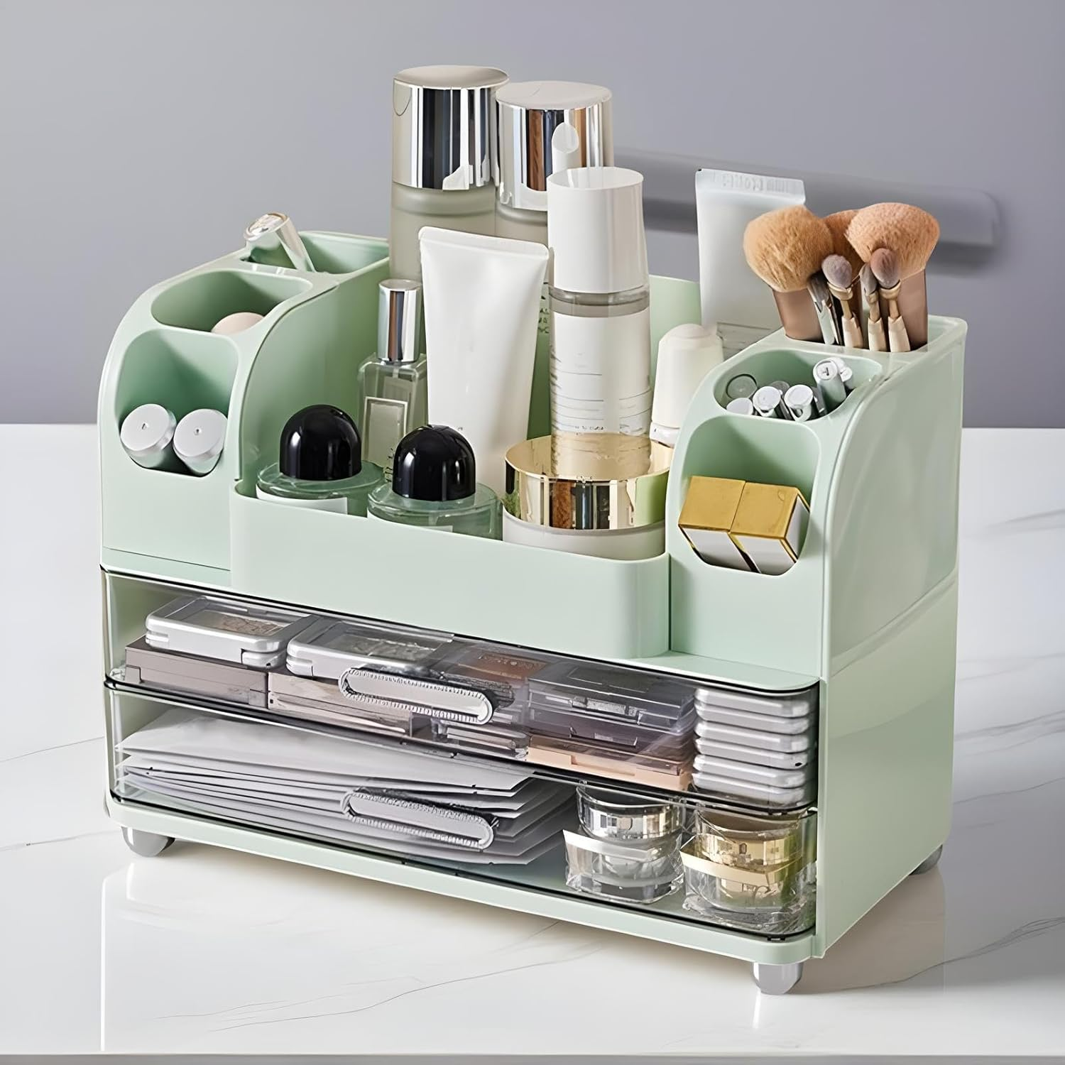 Vgvgaj Makeup Organizer - Cosmetic Tabletop Holder - Countertop Organizer with Drawer for Makeup Jewelry Toiletries Medicine Crafts Dresser Kitchen Bathroom - Green image number 2