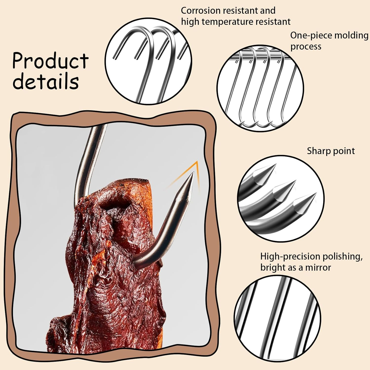 INCAUCA 10 Pieces Meat Hook, 17.5Cm 4Mm Meat Hooks for Butchering Hanging Smoker Grilling, Stainless Steel S Shaped Hooks, Butcher Hook for Meat Processing Beef Chicken Bacon BBQ image number 2