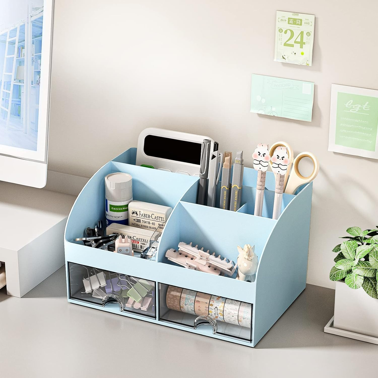 Tinyso Multifunctional Desk Organizer with 2 Drawers & 7 Grids,Large Capacity Plastic Stationery Organizer,Tidy Desktop Storage Box,Ideal Desk Accessories for Home,Office Decor(Blue) image number 5