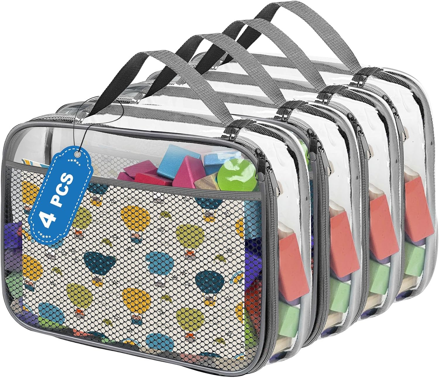 VERONLY 4 Packs PVC Toy Zippered Blocks, 13.3"X3" X10.4" Travel Storage Case Bags for Organizing, Waterproof Toy Storage Bags with Mesh Pockets for Building Blocks, Puzzles, Clays,Toy Cars (Black)