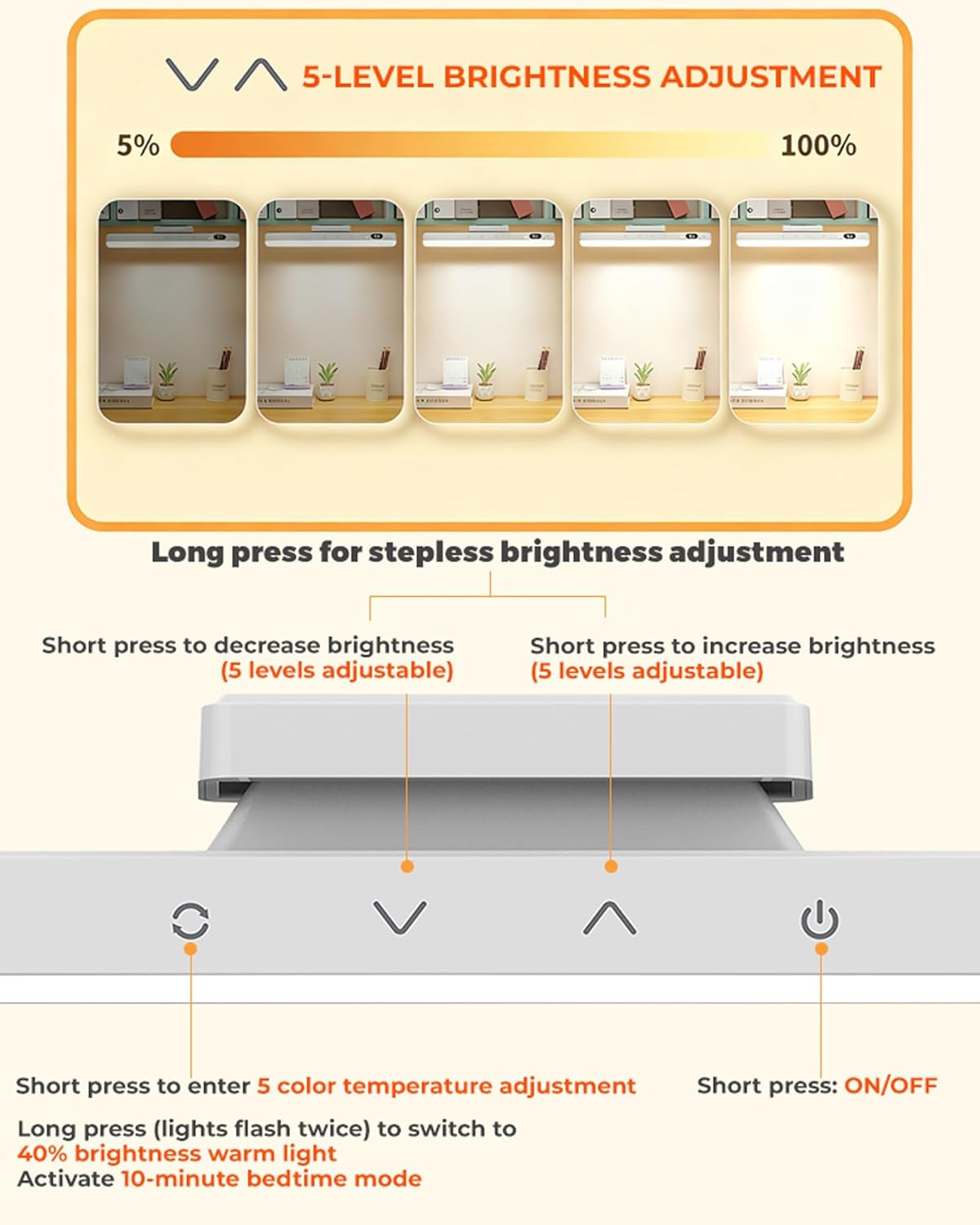 EKOWEE 6W Dimmable Mirror Light, under Cabinet Lighting, 5 Colors & Brightness Dimming, 2000Mah Rechargeable Magnetic Light Bar, Stick on Touch Light for Cabinet,Kitchen,Closet,Bedside,Desk image number 1