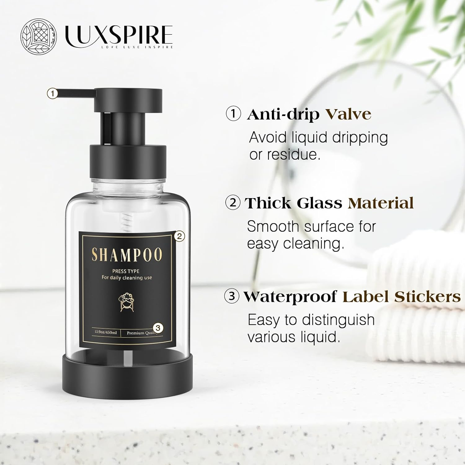 Luxspire Foaming Soap Dispenser, Glass Foam Pump Soap Dispenser, Non-Slip Hand Soap Dispenser with 5 Waterproof Labels, 15 Oz Refillable Liquid Soap Dispenser for Bathroom & Kitchen, Clear, 1 Pack image number 2