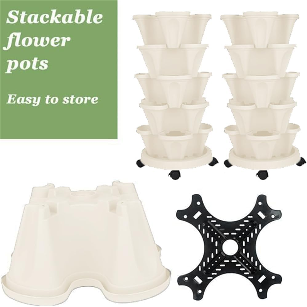 6-Story Vertical Planting Creative Flowerpot, Stackable Garden Plastic Flowerpot, Wheeled Vertical Strawberry Flowerpots, Indoor and Outdoor Tower Garden Flowerpots (Beige) image number 5