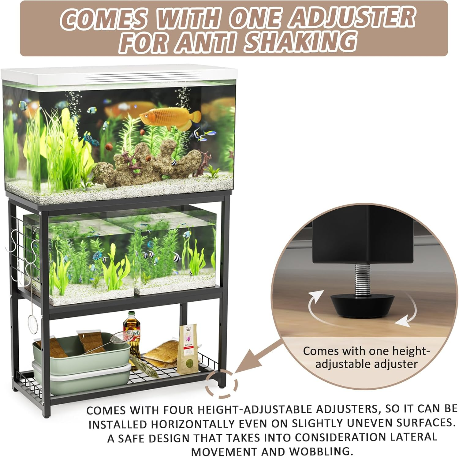 Aquarium Stand, 20 Gallon Fish Tank Stand with 3-Tier Storage Shelves & Hook, Heavy Duty Terrarium Stand Rack for Home Office, Lbs Load Capacity 25.6" L X 11.8" W X 25.6" H, Black - White image number 2