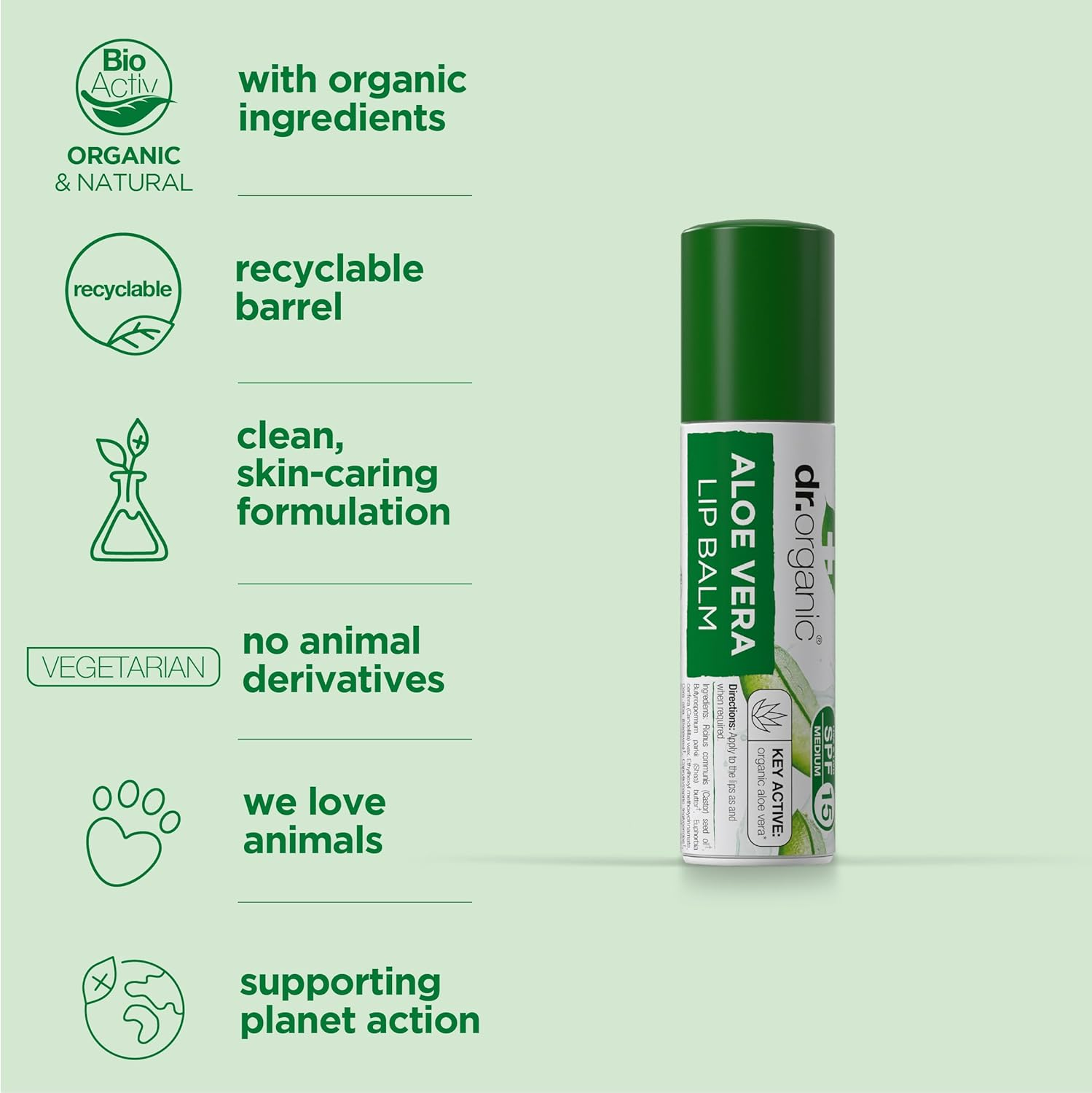 Dr Organic Aloe Vera Lip Balm, Moisturising, SPF 15, Mens, Womens, Natural, Vegetarian, Cruelty-Free, Paraben & Sls-Free, Organic, 5.7Ml image number 4