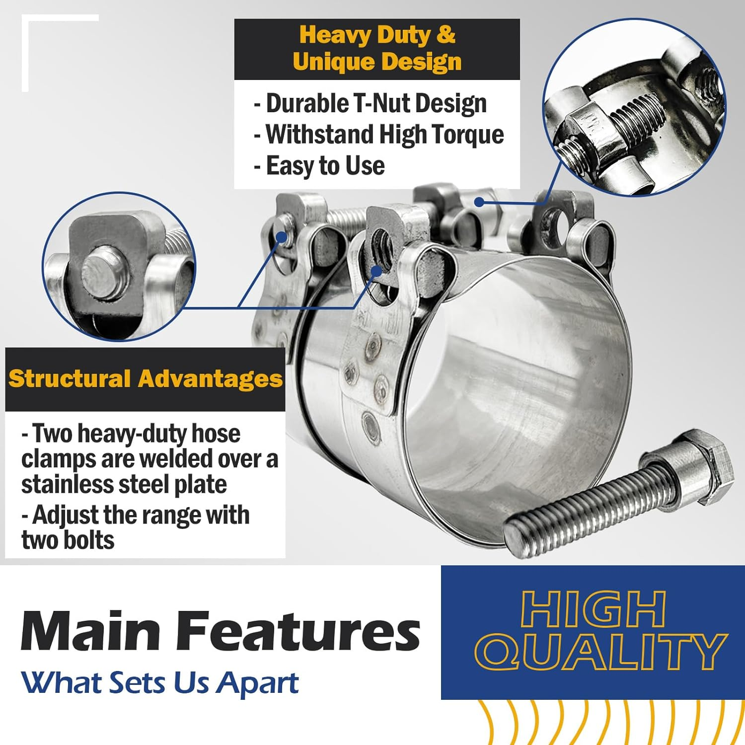 CHUN YUNG DA TT Extra Wide Heavy Duty Hose Clamps,304 Stainless Steel 2 Inch Exhaust Clamp, Sleeve Coupler Butt Joint Band Clamp for Muffler Pipe 48-51 Mm (1.89-2 Inch,1 Pack) image number 1