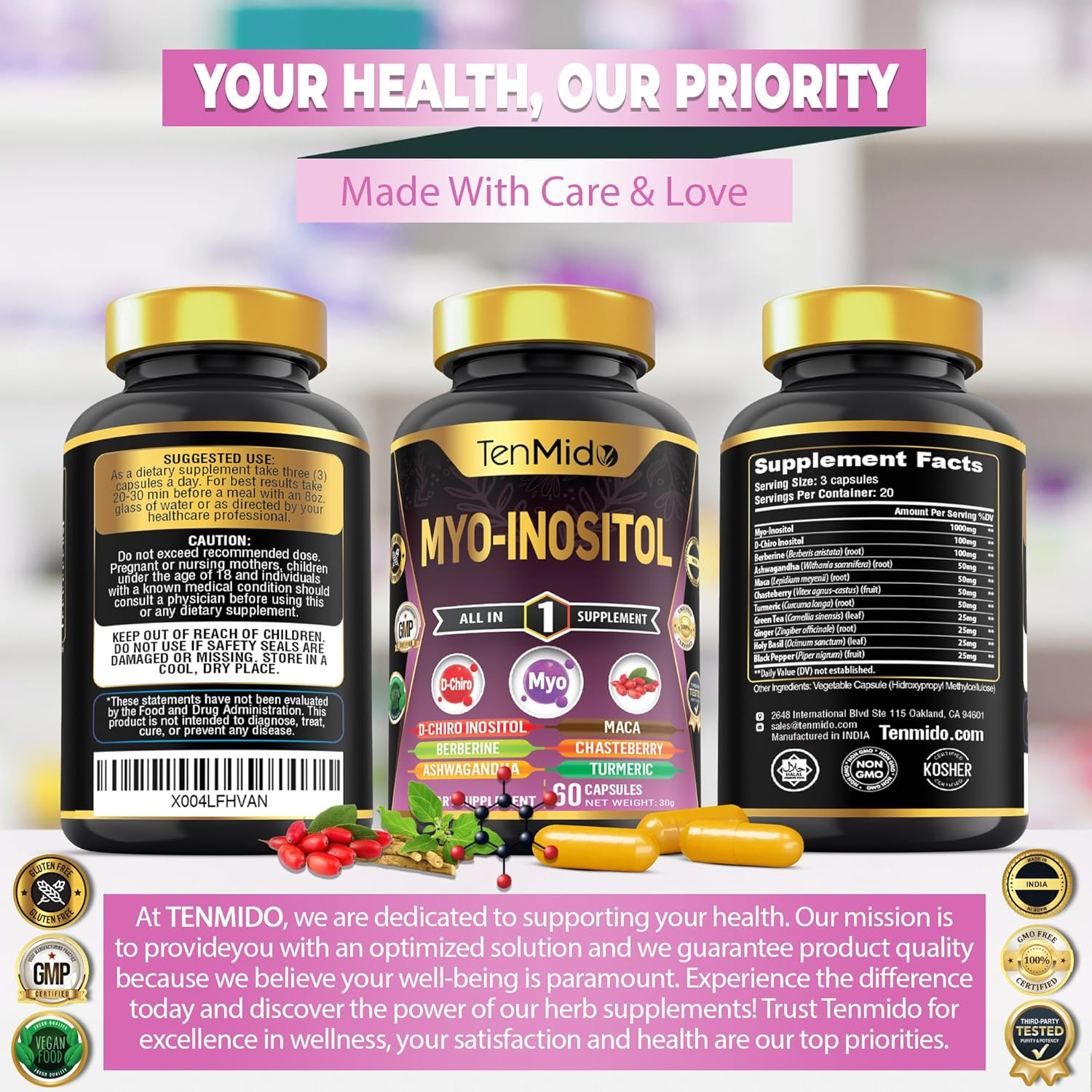 Tenmido Myo-Inositol Supplement for Women &ndash; Blend D-Chiro Inositol, Berberine, Ashwagandha, Maca, Chasteberry, Turmeric, Green Tea, and More &ndash; 60 Vegan & Non-Gmo Capsules image number 1