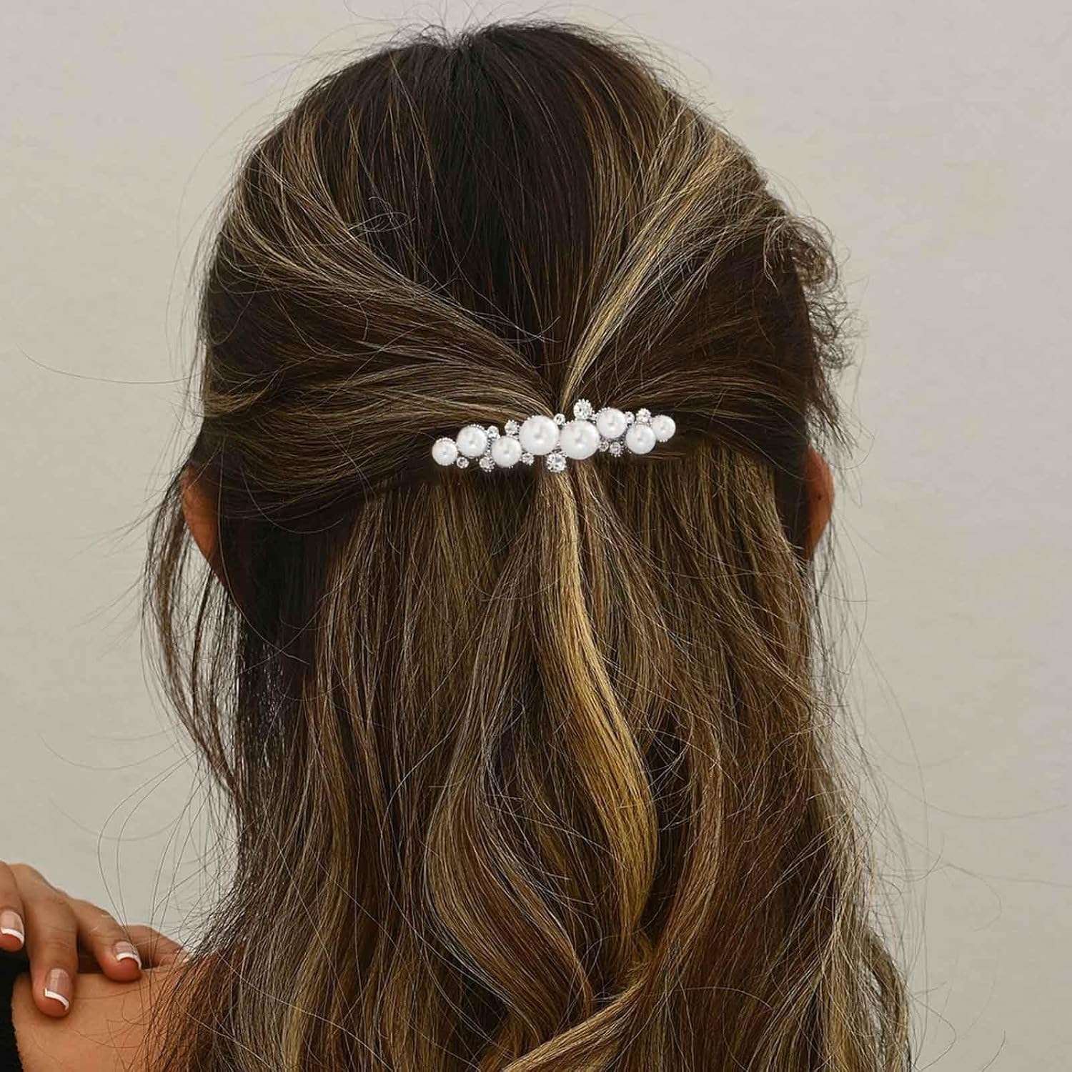Enautoabs Silver Crystal Pearl Hair Clip Pearl Hair Clip Wedding Rhinestone French Crystal Barrettes Decorative Accessories for Women Headpiece image number 6