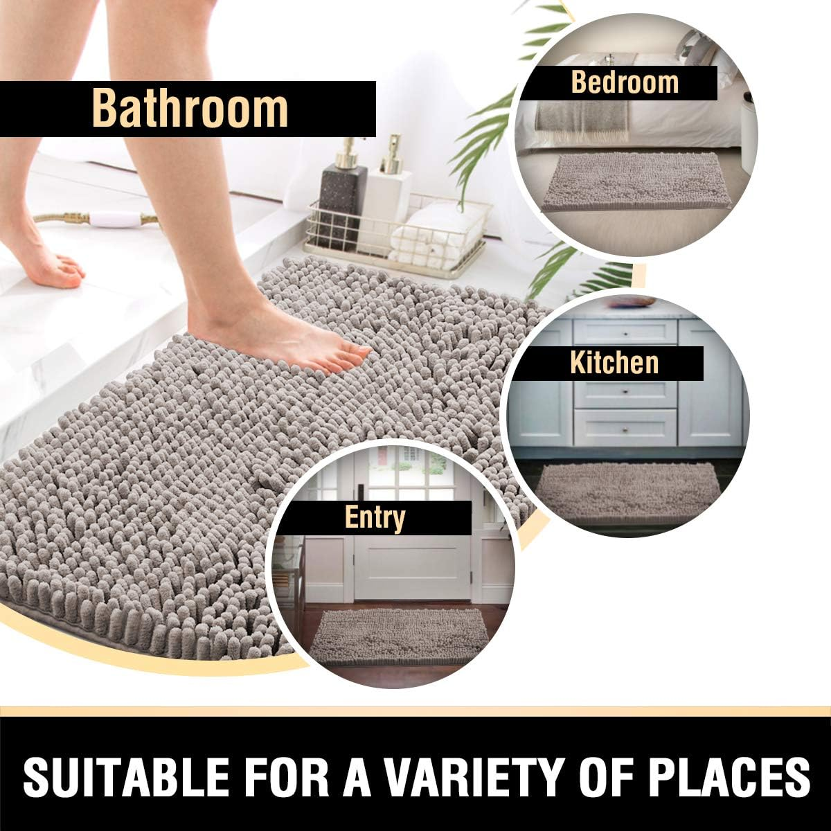 Princedeco 2-Piece Bathroom Rugs Set Non-Slip Bath Mat Soft Cozy Shaggy Thick Chenille Bath Rugs for Bathroom Plush Rugs for Bathtubs Water Absorbent- (50Cm X 81Cm / 43Cm X 61Cm), Taupe image number 5