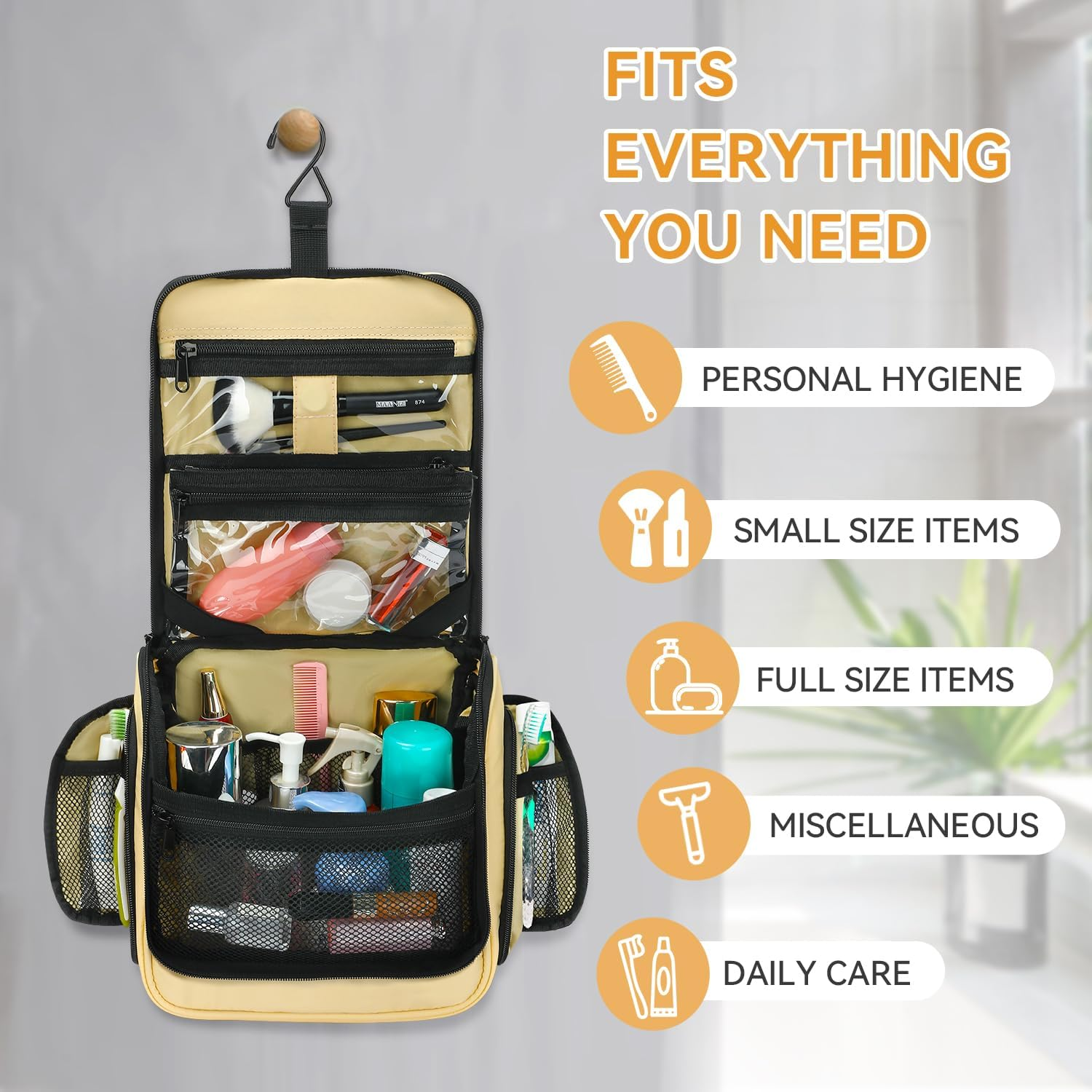 SEEKR Hanging Travel Toiletry Bag, Makeup Organiser, Expandable Compartments and Removable Pouches, for Toiletries, Cosmetics and Travel Essentials, Ideal for Luggage, Camping, Beach or Home (BEIGE) image number 2