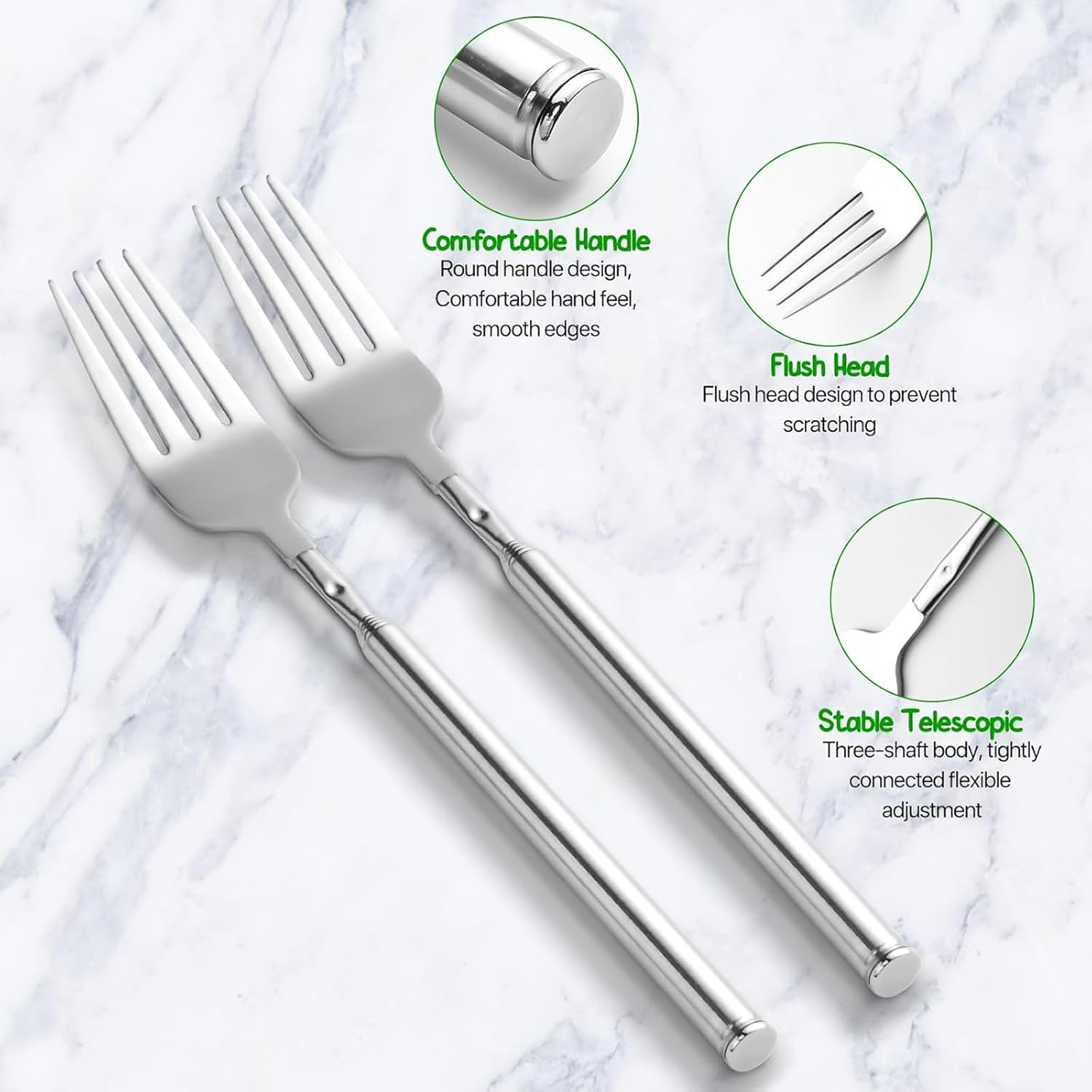 3 PCS Extendable Fork for Jokes, Expandable Forks, Extended/Extending/Extend, Extension from 8.7" to 25.4" Long, Stainless Steel Telescopic/Telescoping/Retractable Dinner Fork. Silver image number 1
