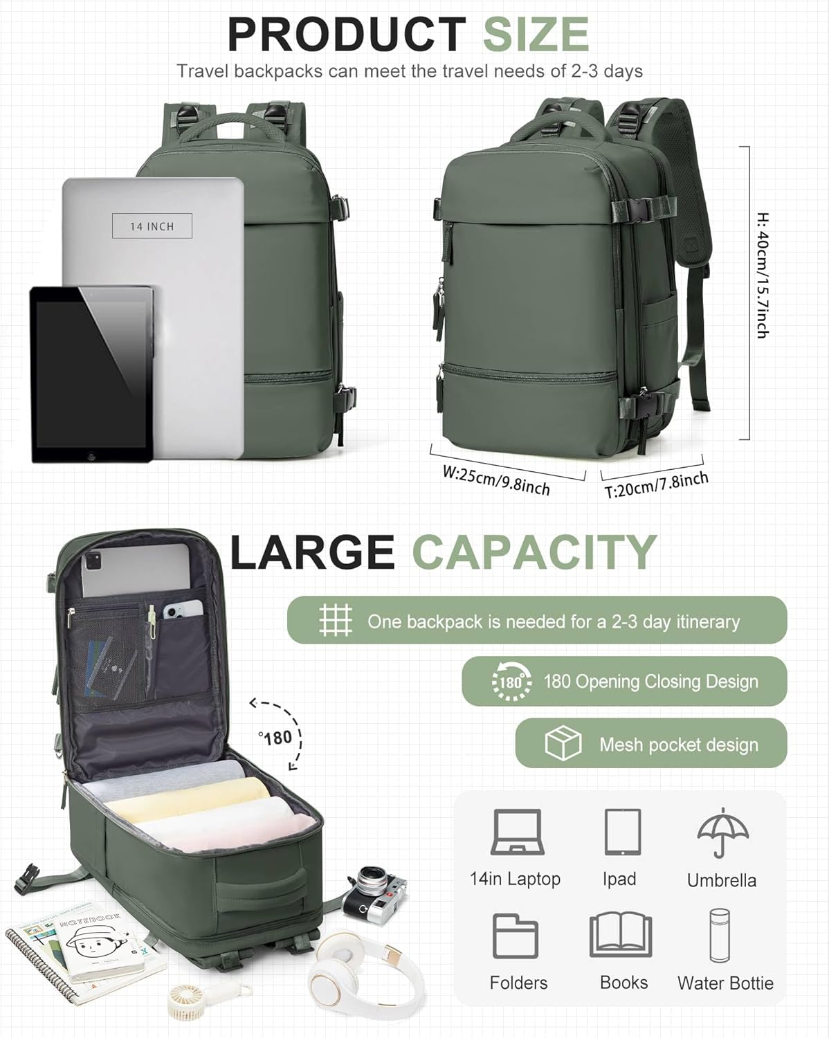 SEAFEW Carry on Backpack, Mini Travel Backpack Airplane Approved Weekender Bag for Women Men, Green, Large - Beige With Brown image number 7