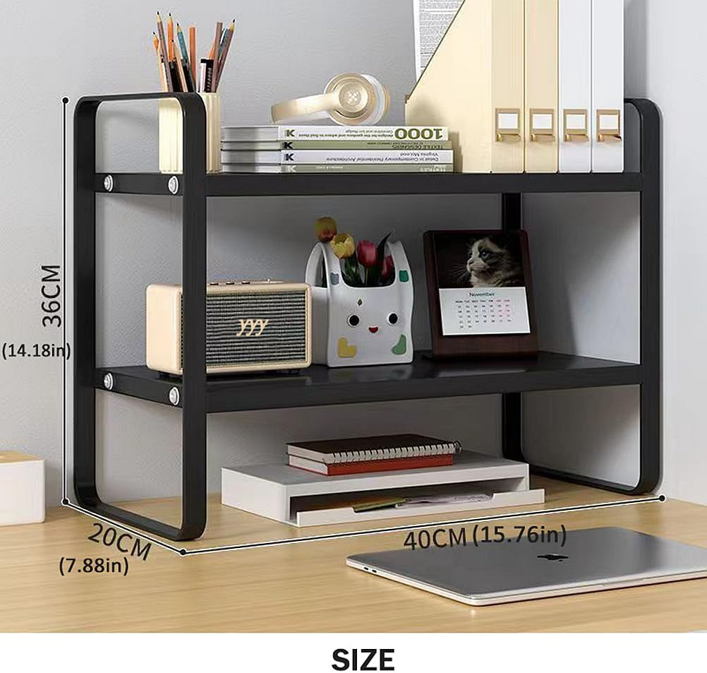Iron+Wood Student Desktop Clutter Storage Bookshelf, Office Computer Desk Deskt File Organizer Rack 2-Tier Cabinets Shelf (Black, 2-Tier), 014-8 image number 2