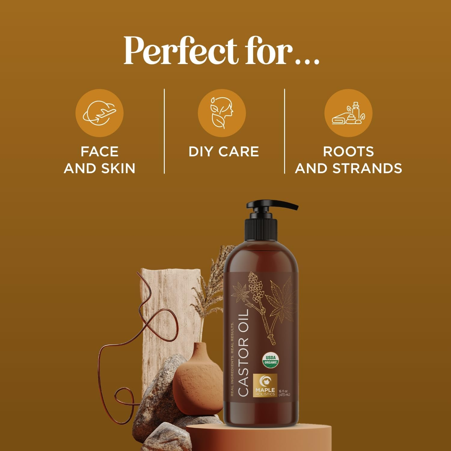 Organic Castor Oil for Hair Growth - USDA Organic Castor Oil for Eyelashes and Eyebrows - Extra Virgin Hexane Free Organic Hair Oil for Dry Damaged Hair - Carrier Oil for Essential Oils Mixing