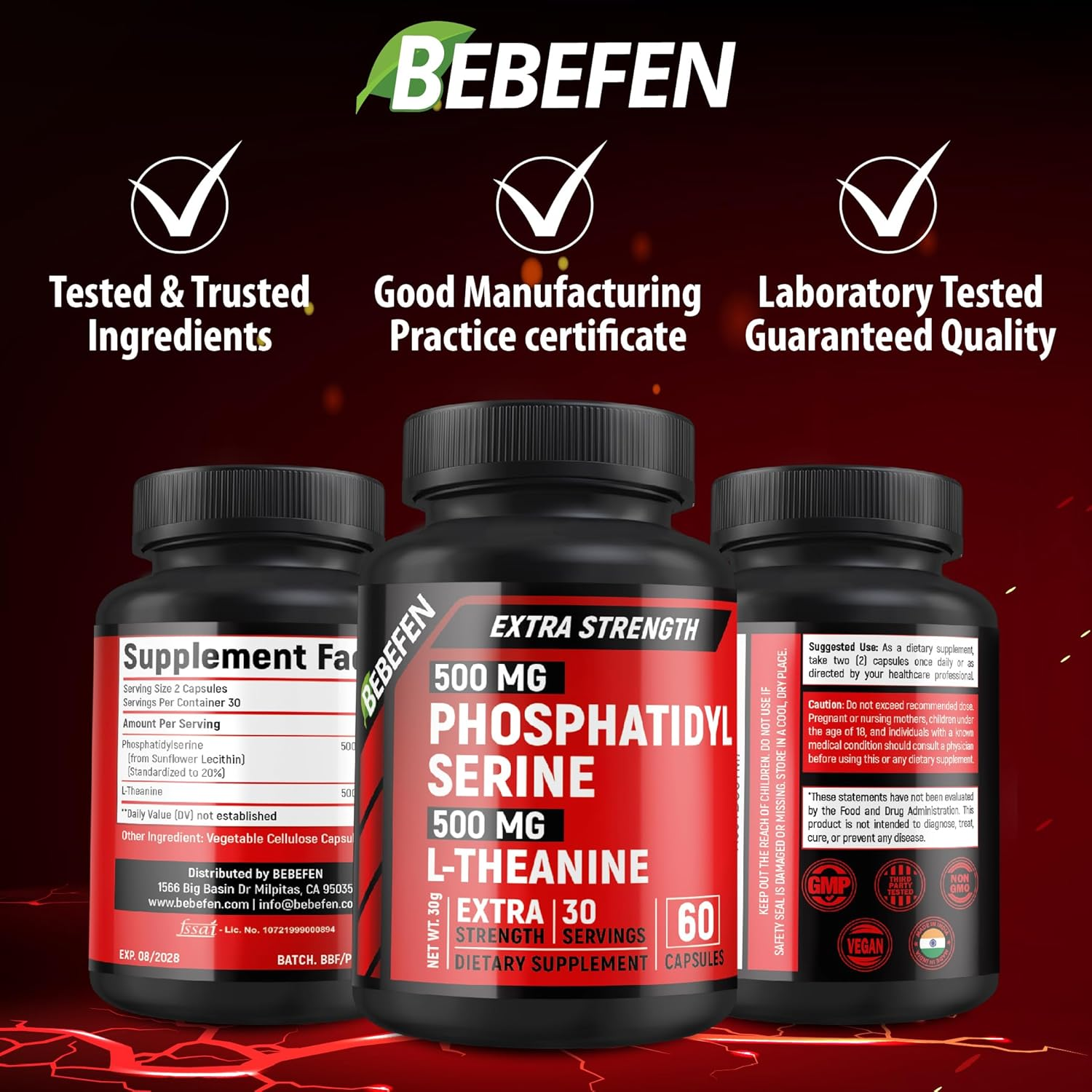 Phosphatidylserine Supplement 500Mg per Serving with L-Theanine 500 Mg, 60 Capsules (Phosphatidyl Serine Complex) by BEBEFEN