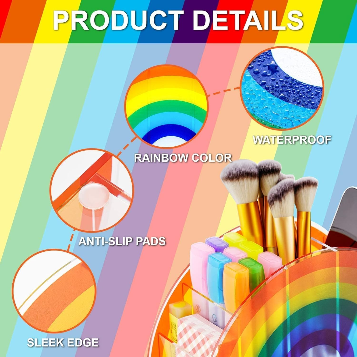 Pen Holder, Clear Desk Organizer, Pen Organizer for Desk, Cute 5 Compartments Pencil Holder, Desktop Stationery Organizer for Office Storage/School/Art Supplies/Home, Rainbow Colour