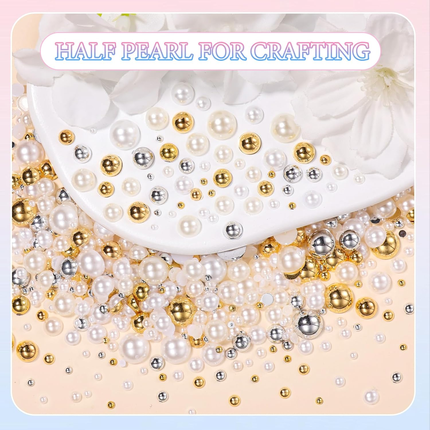 2 Boxes Flatback Pearls and Beads for Nails, Mixed Sizes White Beige Nail Art Pearls Luxurious Silver Gold Half Pearl Nail Charms, Gems for Nails ABS round Plastic Beads Nail Supplies DIY image number 5