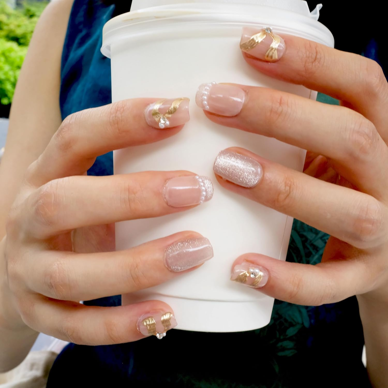 [GLORS] Purely Handmade Press on Nails | Elegant French Pink Pearl Gold Fake False Nail | Salon Quality in Short Square Shape, 10 Pieces (Small, SS) image number 6