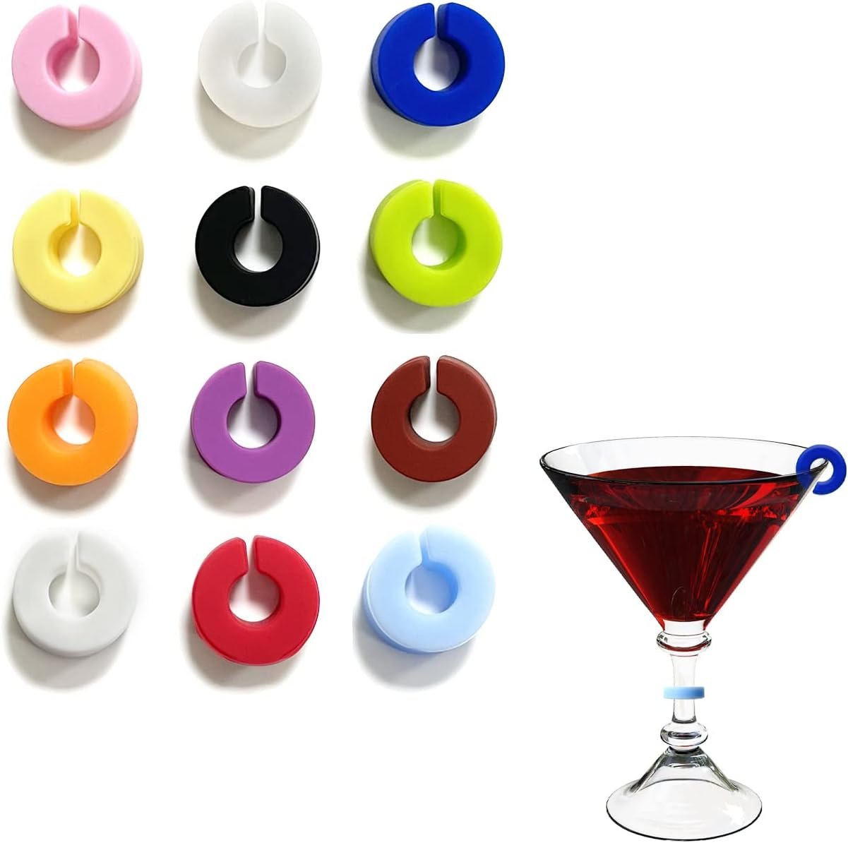 HAIKING Silicone Wine Glass Charms Markers, 12 Pieces Drink Markers for Glasses for Cocktails, Champagne, Martinis, Wine Glasses (12 Colors) image number 1
