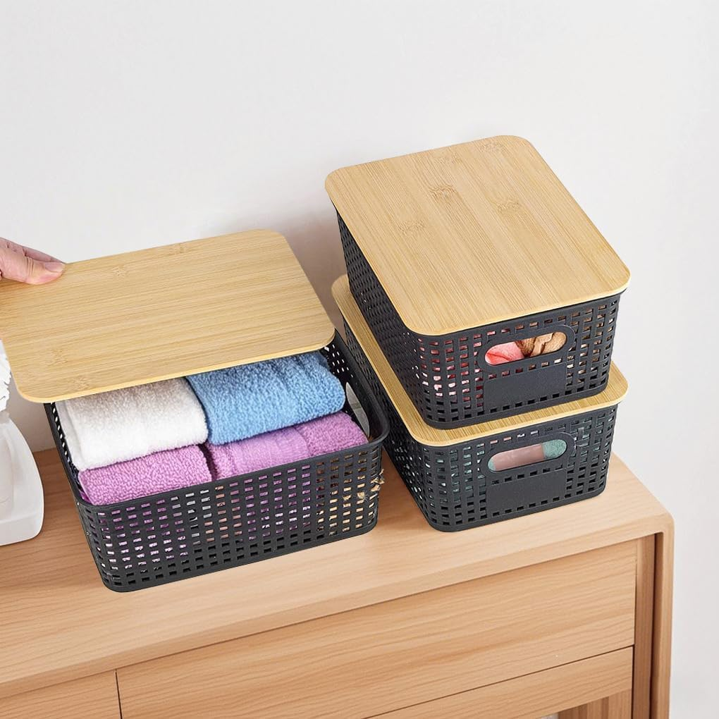 Vivva 6 Pack Plastic Storage Baskets with 30Pcs Labels Bamboo Lid Containers Stackable Bins Basket for Organizing Shelves Drawers Desktop Closet Playroom Classroom Office (Black) - White image number 4