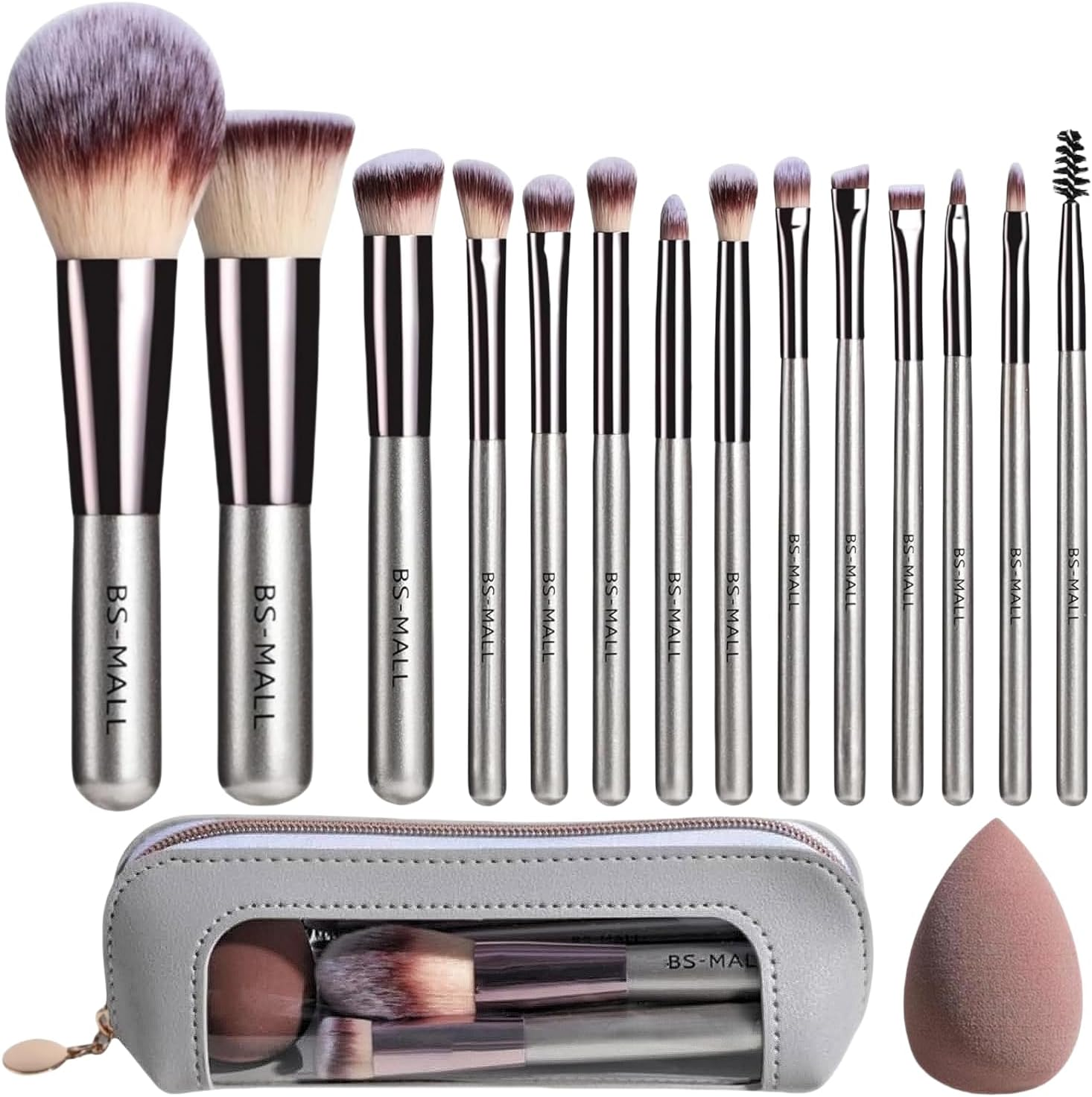 BS-MALL 14 Pcs Makeup Brushes Set with 1 Pcs Makeup Sponge &ndash; Essential Foundation Powder Concealers, Eye Shadows, Blush Makeup Brushes with Travel Makeup Case (Bamboo)