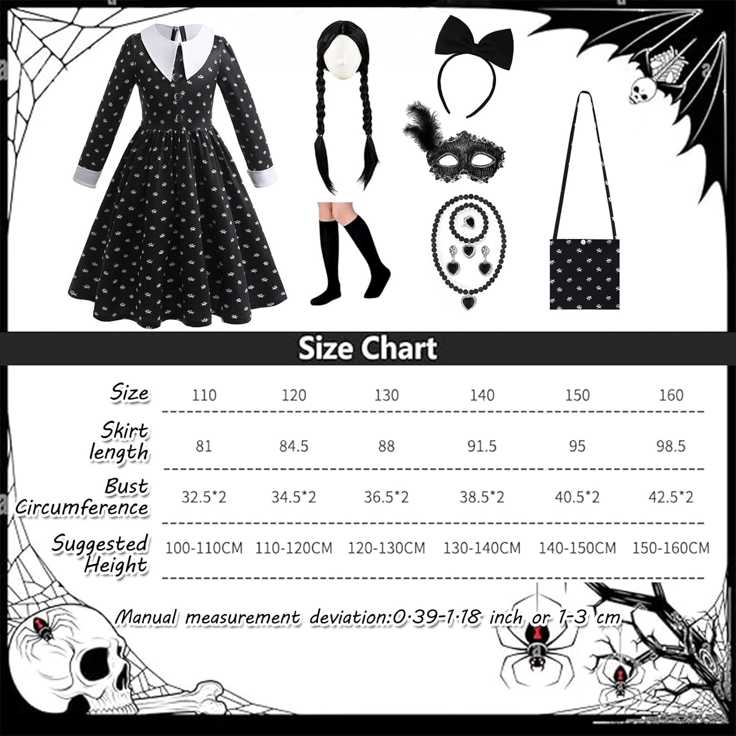 LIODUX 11 Pack Wednesday Black Costume, Wednesday Girls Dress, Teens Black Family Costumes, Girls Halloween Costumes Perfect for Halloween, Cosplay, and Parties