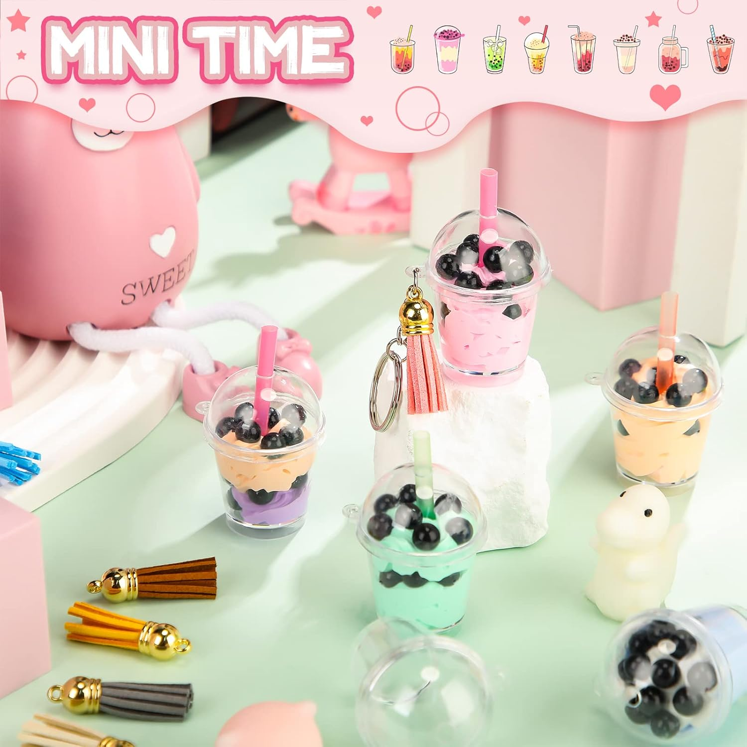 Cunno 348 Pcs Mini Milky Tea Keychain Accessories Bubble Tea Cream Glue Casting Includes 16 Keychain Rings, 16 Mini Cup Pendant Charm with 16 Tassels, 300 Bubble Beads for DIY Crafts image number 6