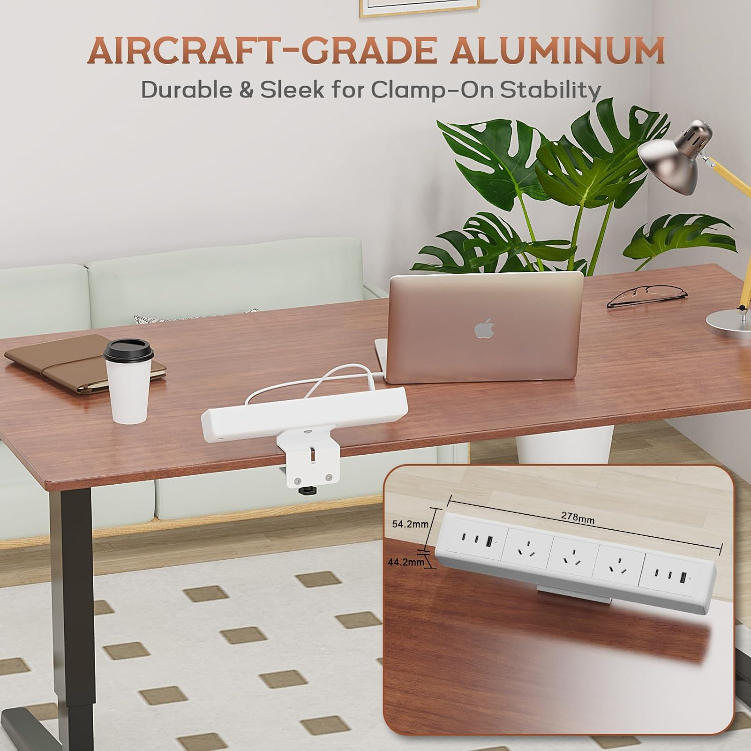 Desk Power Board with USB, Haiaoyyds Aluminium Alloy Clamp Powerboard - 3 Outlets, 6 USB Ports, 1.8M Cable, Desktop Mounted Power Strip for Home, Office, Workspace (White) image number 1