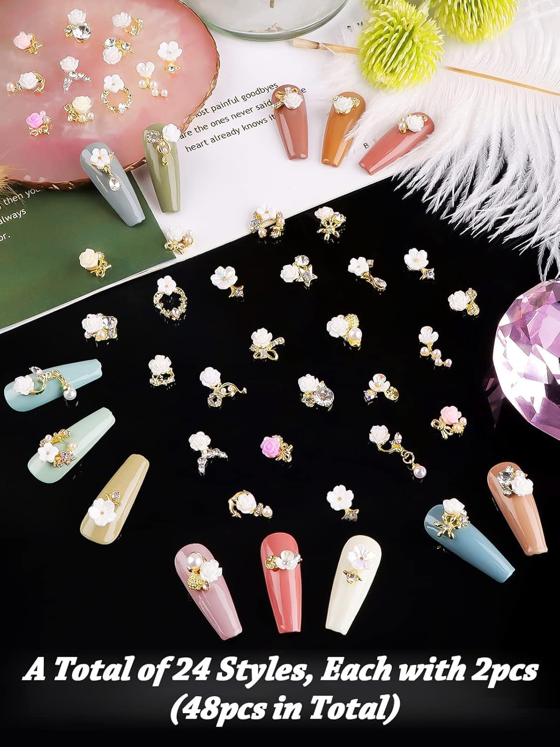 3D Flower Nail Charms Rhinestone, Kalolary White Flower Acrylic Nail Pendant Camellia Cherry Blossoms Nail Art Decorations for Spring Summer Nail Art Designs image number 3