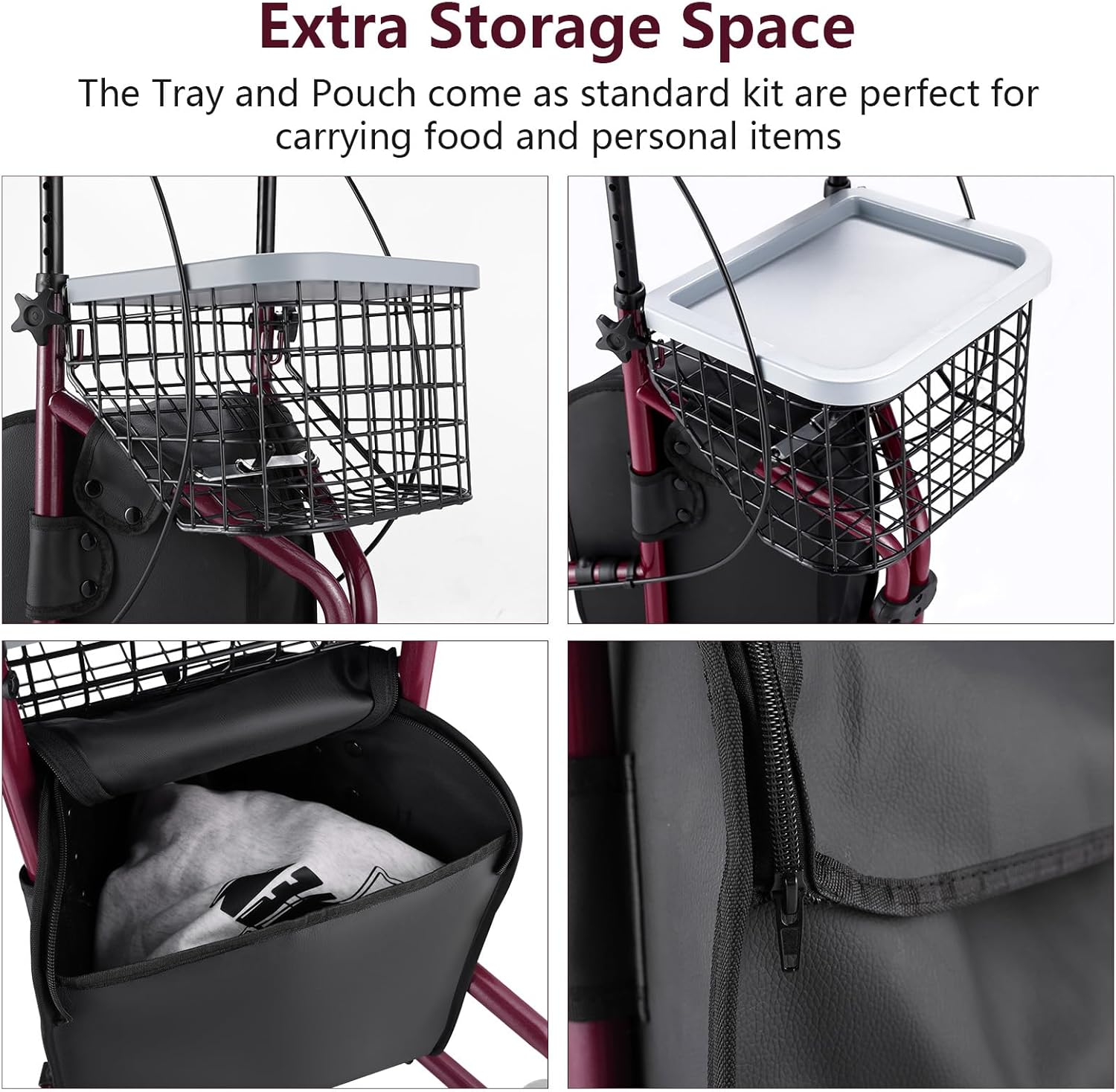 Altus Rolling Walker Mobility Aid Rollator with Bag Wire Basket and Tray Burgundy Red (3 Wheels Red)