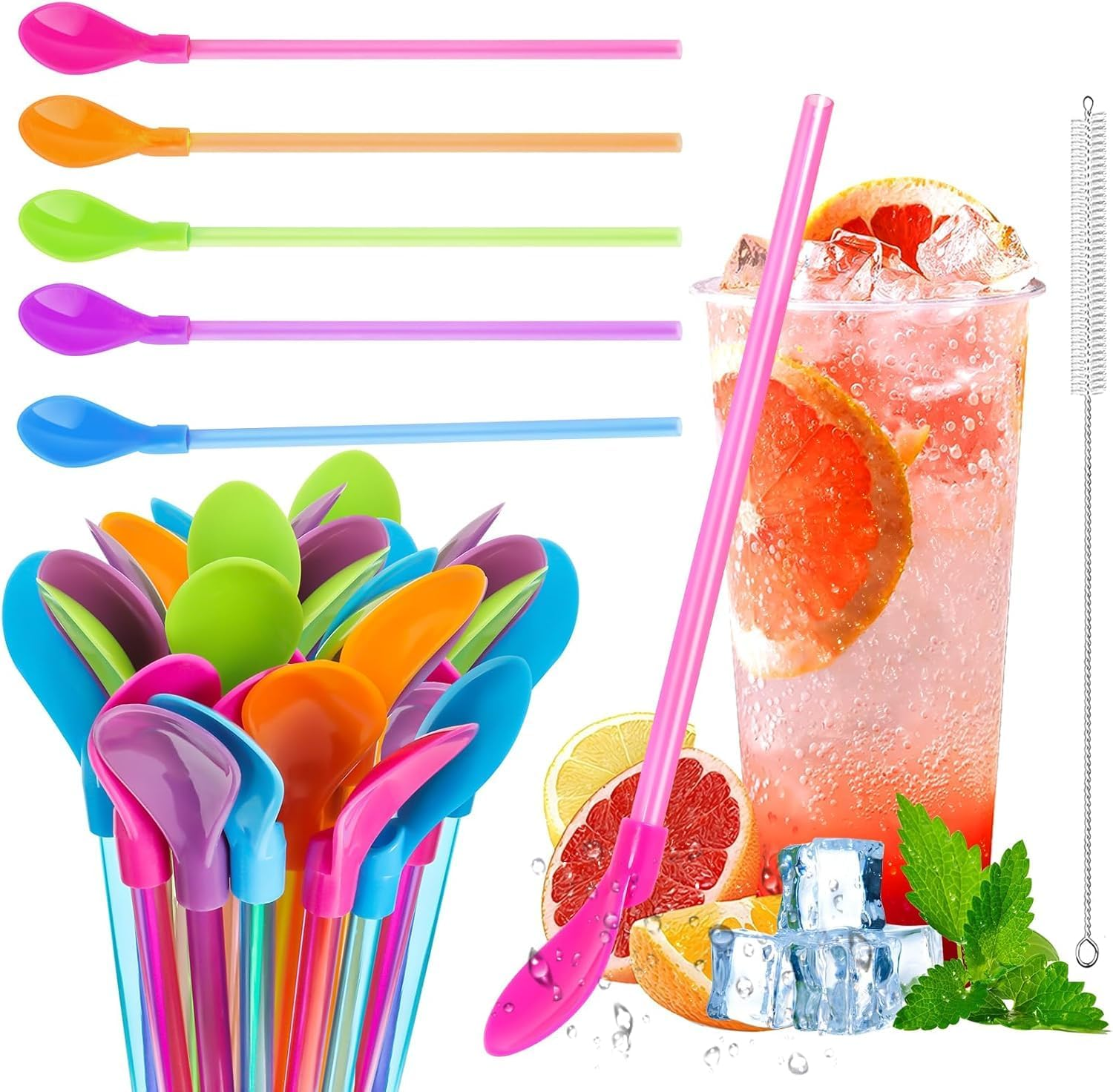 20 Pack Straws Spoons, Reusable Drinking Straw Spoons for Slush, 2-In-1 Straws with Spoon, Long Straw Spoon with Straw Brush for Coffee, Slush, Cocktail (20 Pieces) image number 2