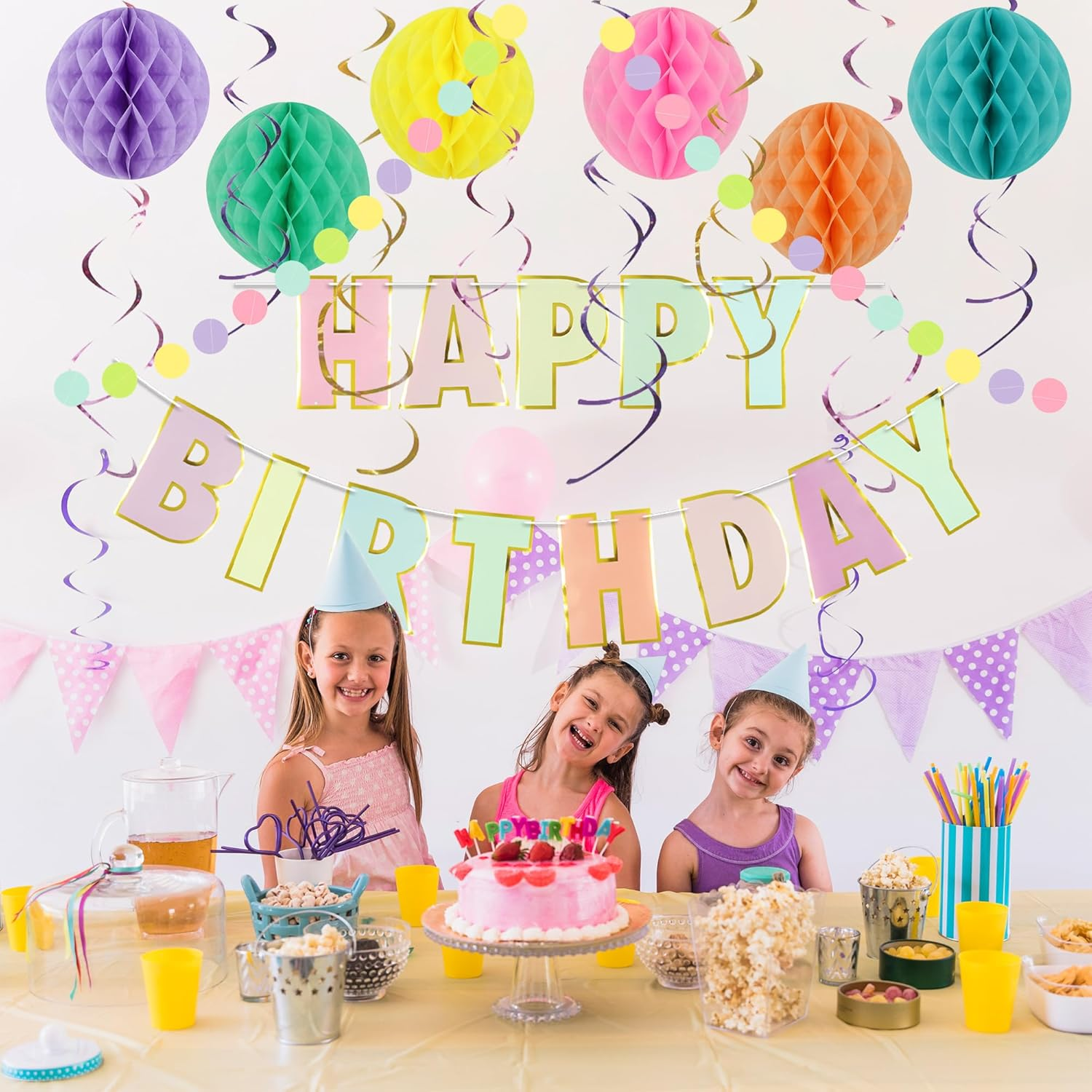 Pastel Birthday Party Decorations, 17 Pcs Macaron Birthday Decor with Birthday Sign, YITOBA Pre-Strung Happy Birthday Banner, Dot Garland, Hanging Streamer, Honeycomb Balls (Colorful) image number 3