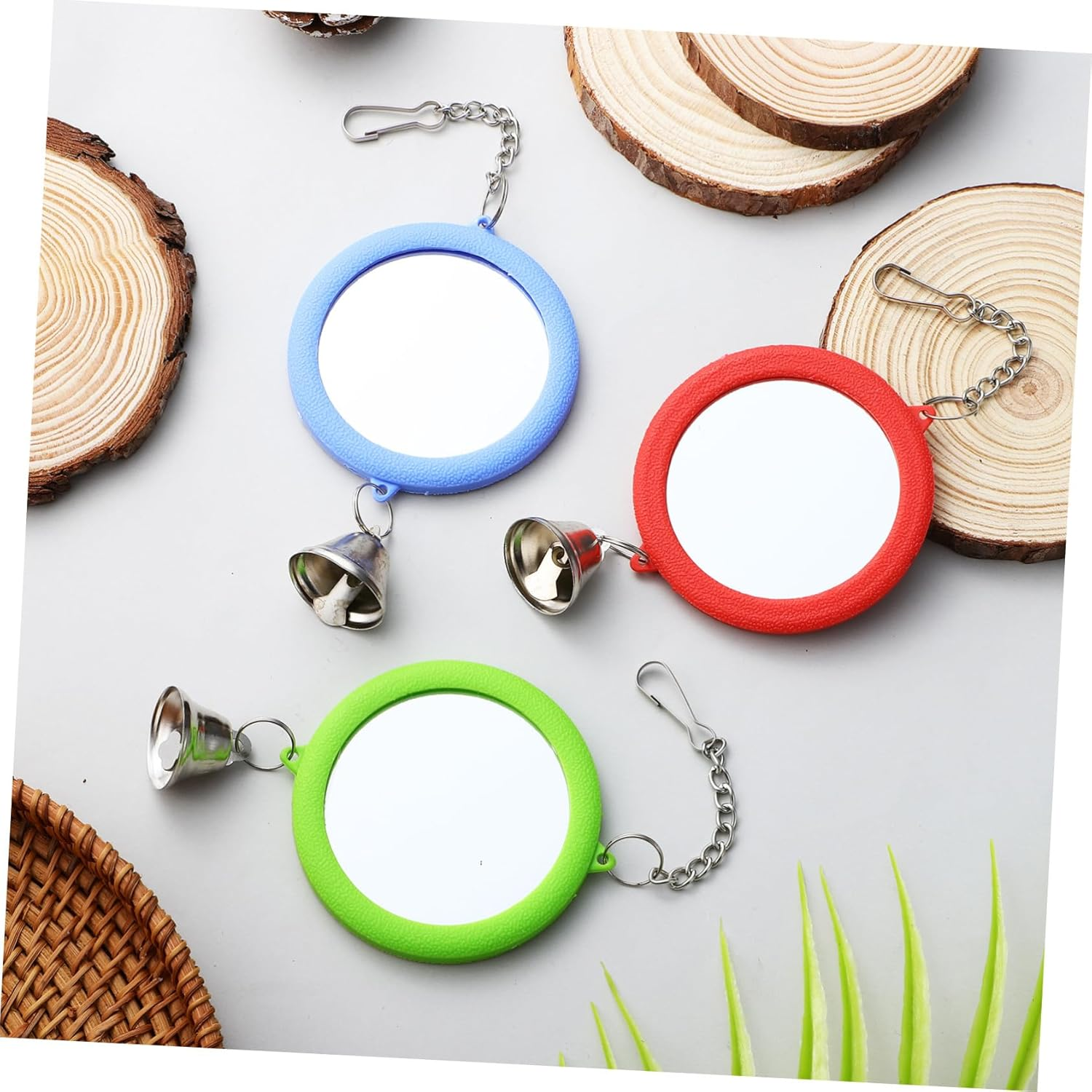 JOINPAYA 3 Pcs round Double-Side Bird Mirror Toys with Bells, Colorful Red Green Blue Pendants for Parrot, Cockatiel, Parakeet Cage Accessories image number 5
