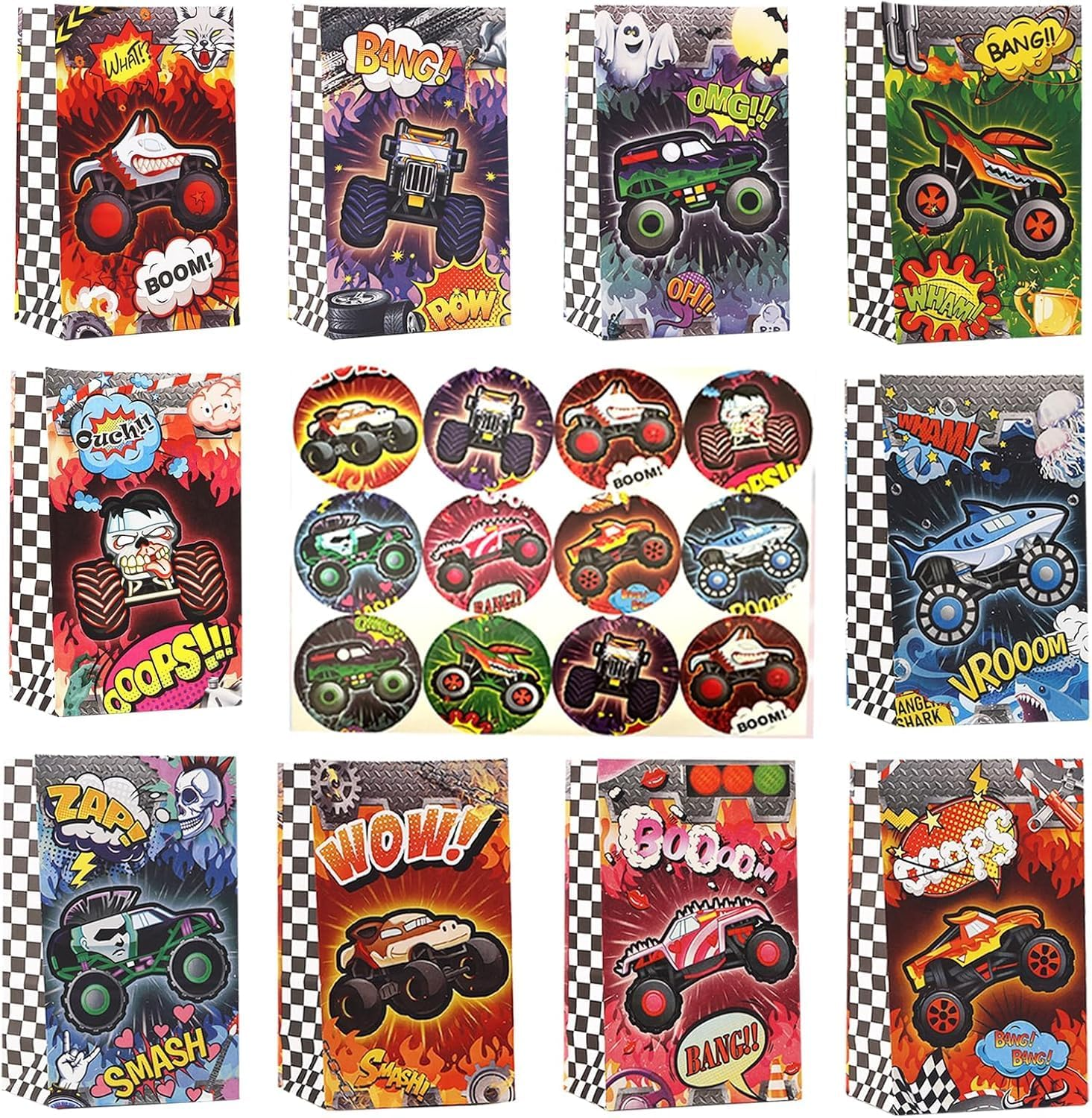 CZWXOXO 24Pcs Monster Truck Goodie Bags Monster Truck Party Favors Monster Truck Treat Bags Monster Truck Birthday Party Supplies for Boys Monster Truck Party Decorations