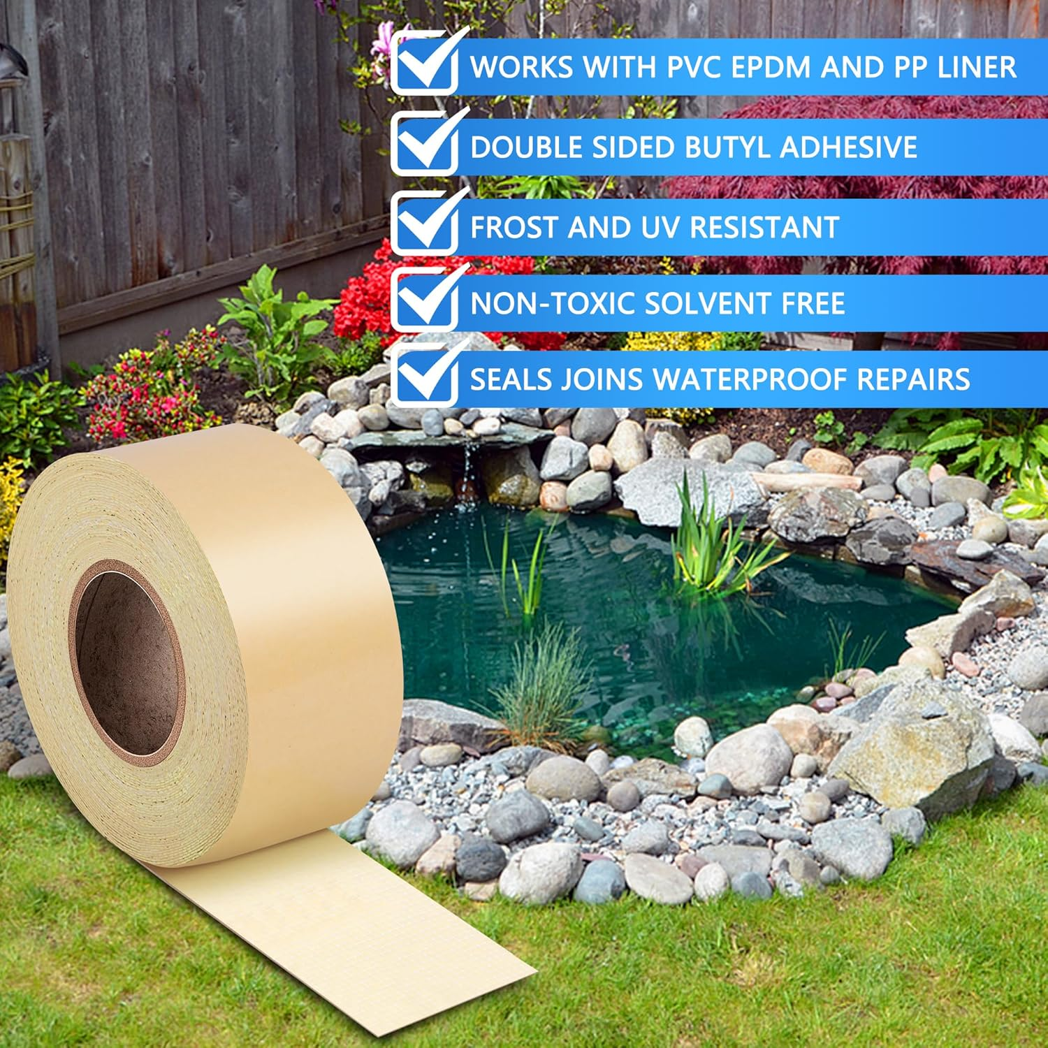 Adnee 50'X 3" Pond Liner Seam Tape-Double Sided Self Adhesive Butyl Pond Liner Tape-Waterproof Pond Seam Tape for EPDM Pond Liner Garden Cover Patch Repair image number 4
