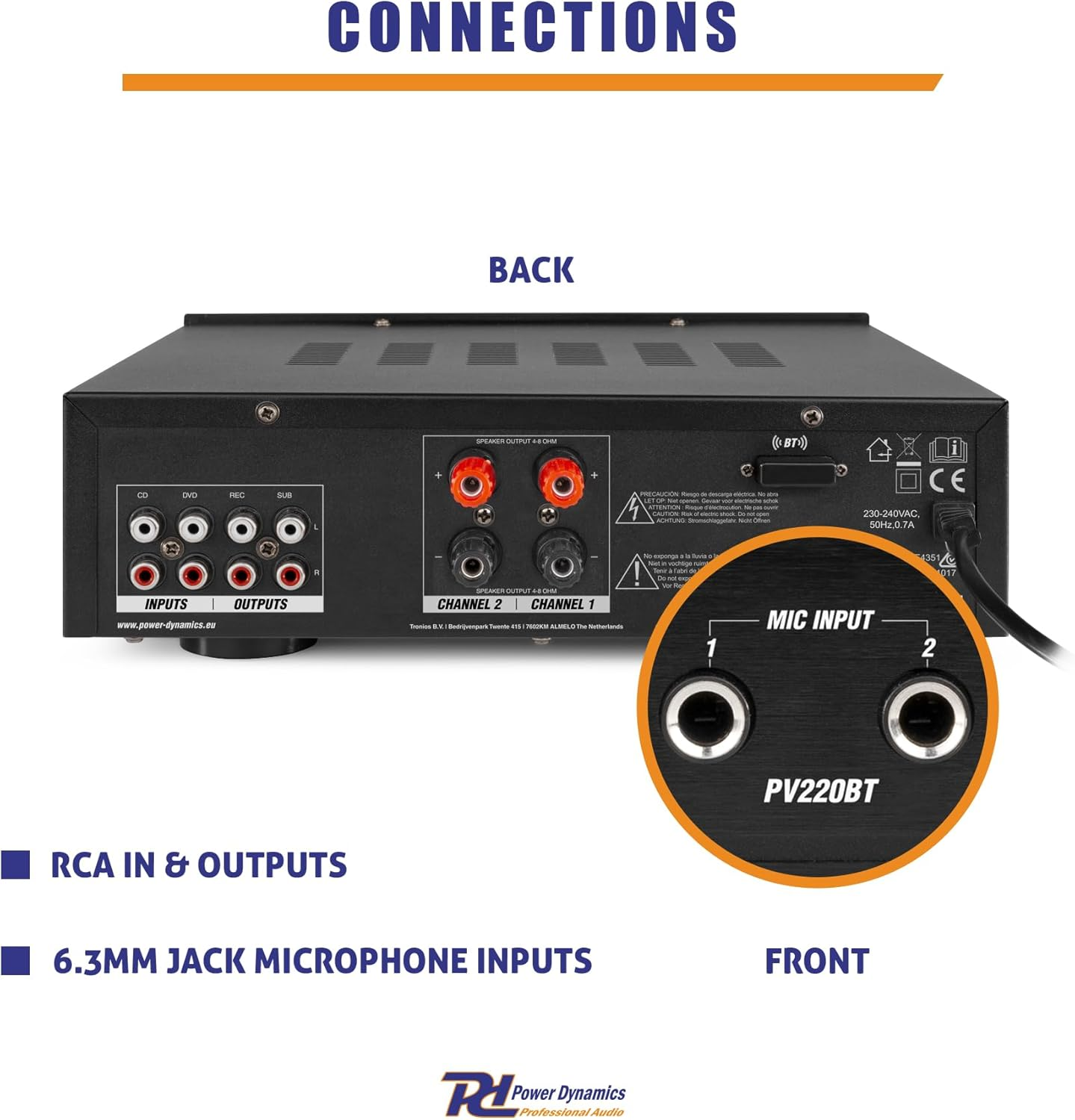 PD PV220BT Compact 2-Channel Audio Power Amp, Speaker Amp with High-Fidelity Sound, Mini Amplifier for Home Surround System, Bluetooth Stereo Amplifier, Home Stereo Amplifier, Hifi Stereo Amplifier image number 1