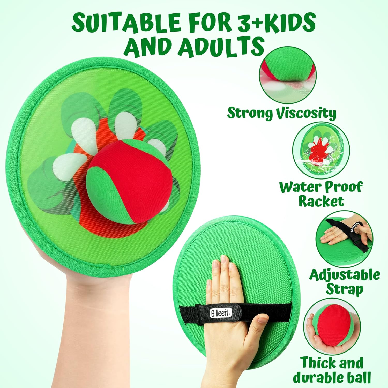 Dinosaur Toss and Catch Ball Set, Catch Game Toys, Outdoor Toys for Kids 3+ 4 5 6 7 8, Backyard Lawn Games Pool Beach Toys with 4 Rackets, 4 Balls, 1 Drawstring Bag image number 1