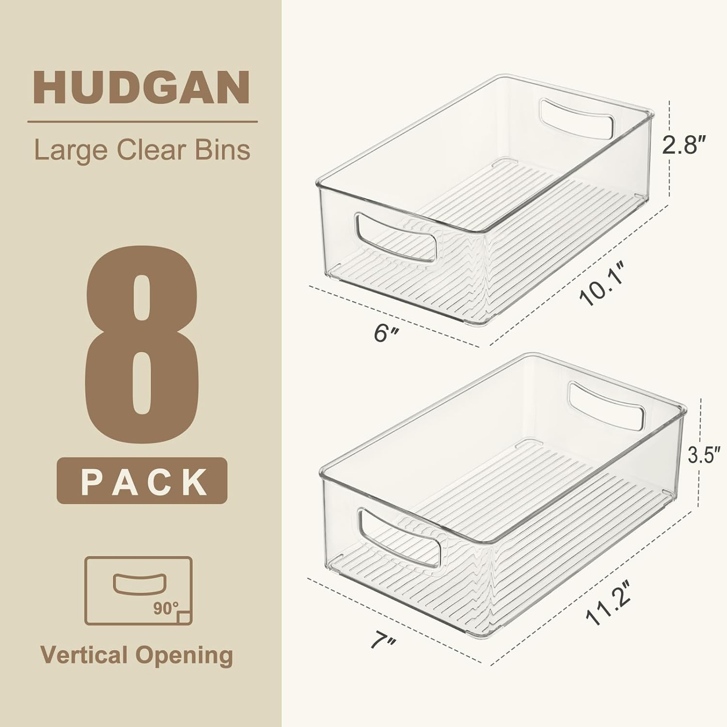 Hudgan Clear Storage Bins 8 Packs for Refrigerator, 4 Large Stackable Pantry Organizer Bins and 4 Medium Storage Plastic Containers for Home Edit, Kitchen, Freezer, Bathroom, Drawers, Shelves image number 2
