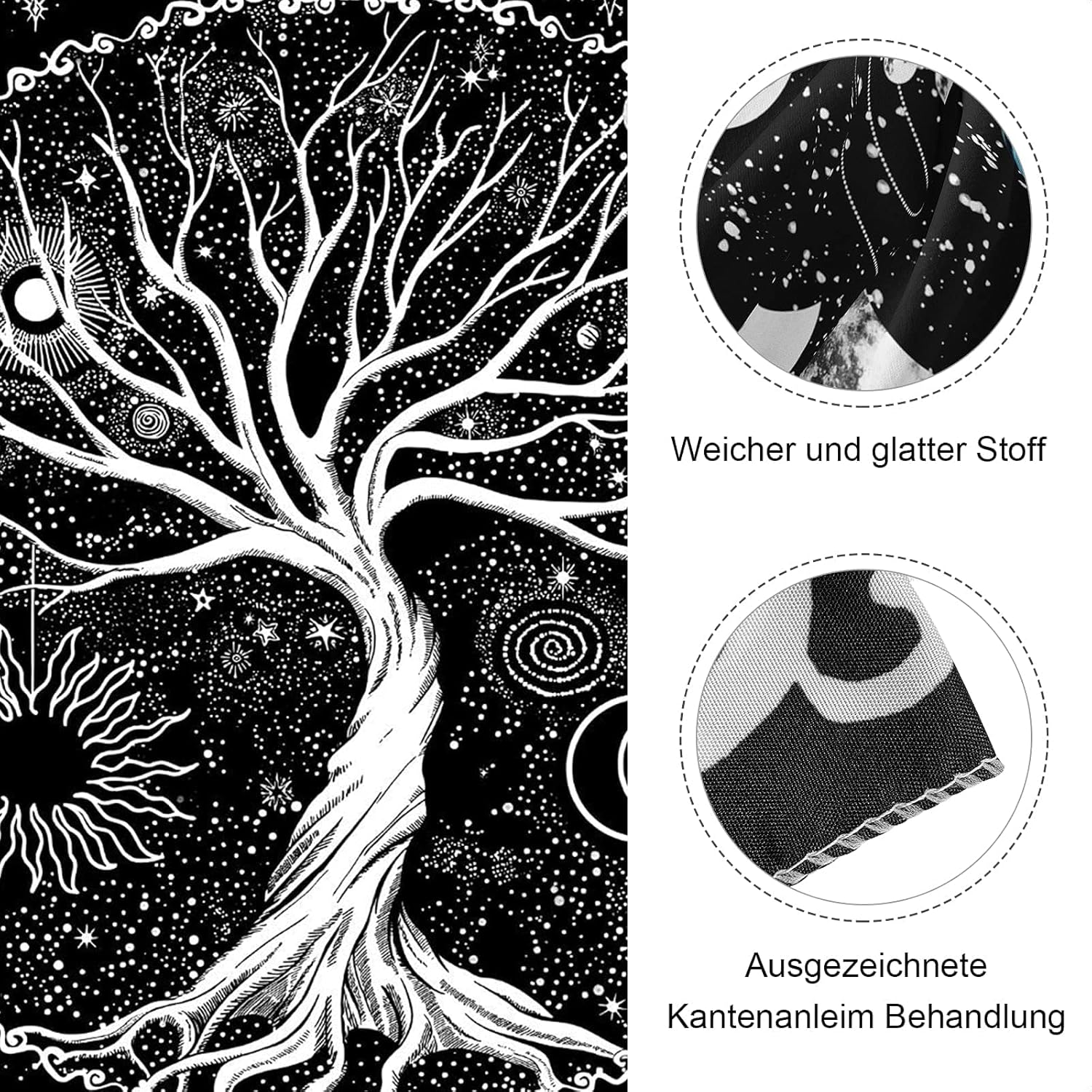 Tapestry Wall Hanging, Black and White Tree of Life Tapestries Moon Phases Tapestry for Living Room Bedspread Room Bedroom (L/150 X 200 Cm) image number 1