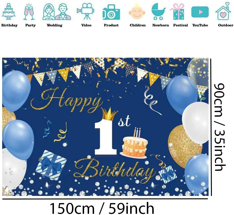 1St Birthday Decorations Happy 1St Birthday Backdrop Party Banner for Boys/Girls Happy 1 Year Old Fabric Sign Poster, Blue Photography Background First Birthday Party Supplies, 59"X35.4" image number 3