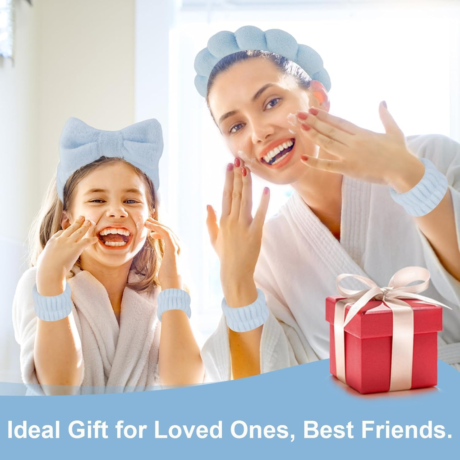 Blue Spa Headband and Wristband Set for Skincare, Prevent Water Slipping and Keep Hair Away with 2 Styles (Blue) - Geiwogwc image number 6