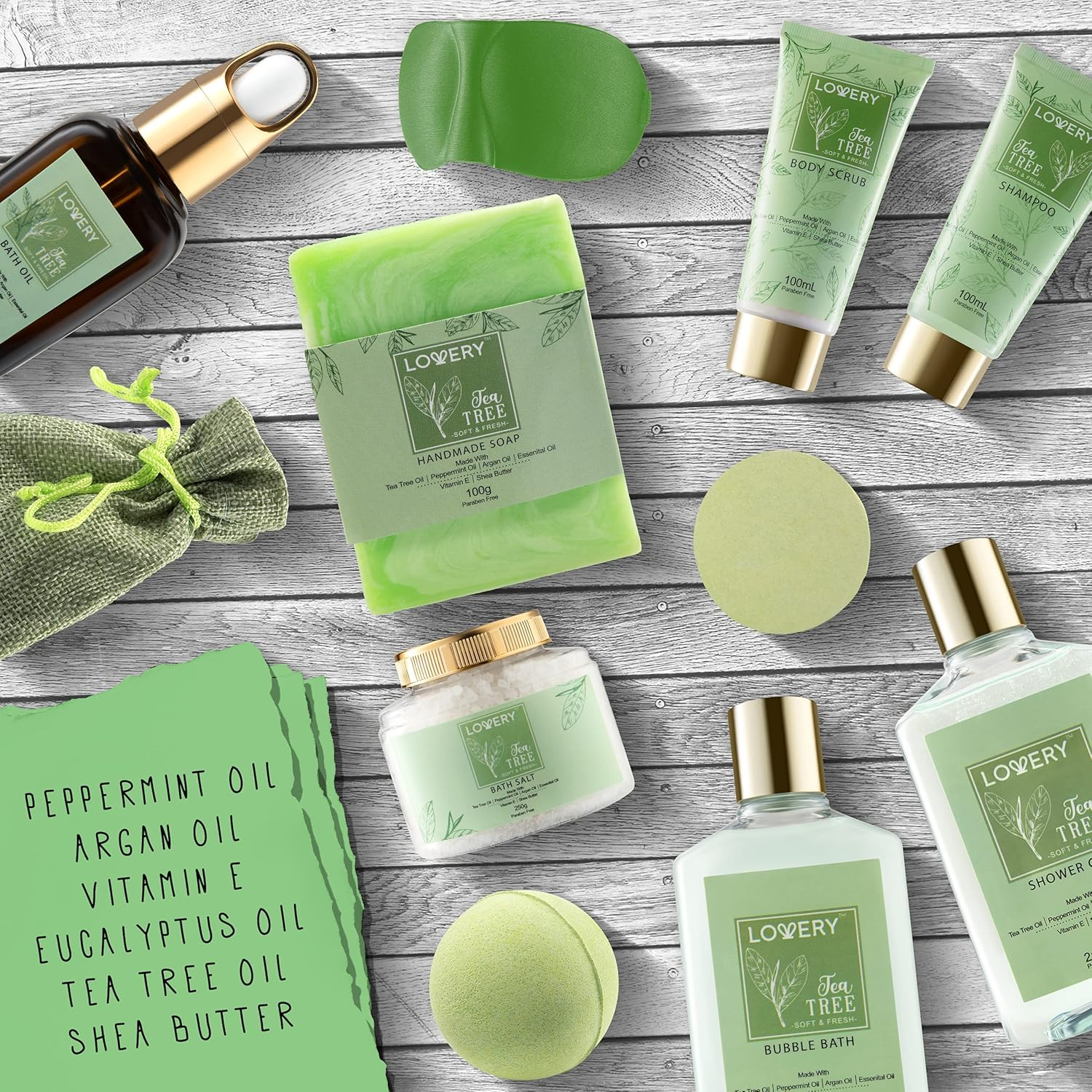 Tea Tree Bath Set - Luxury Home Spa Set with Calming Mint Fragrance &ndash; 15 Pc Relaxation Gift Basket with Tea Tree Bath Oil,Shower Gel, Bubble Bath, Handmade Soap, Steamer Tablet, Potpourri & More image number 5