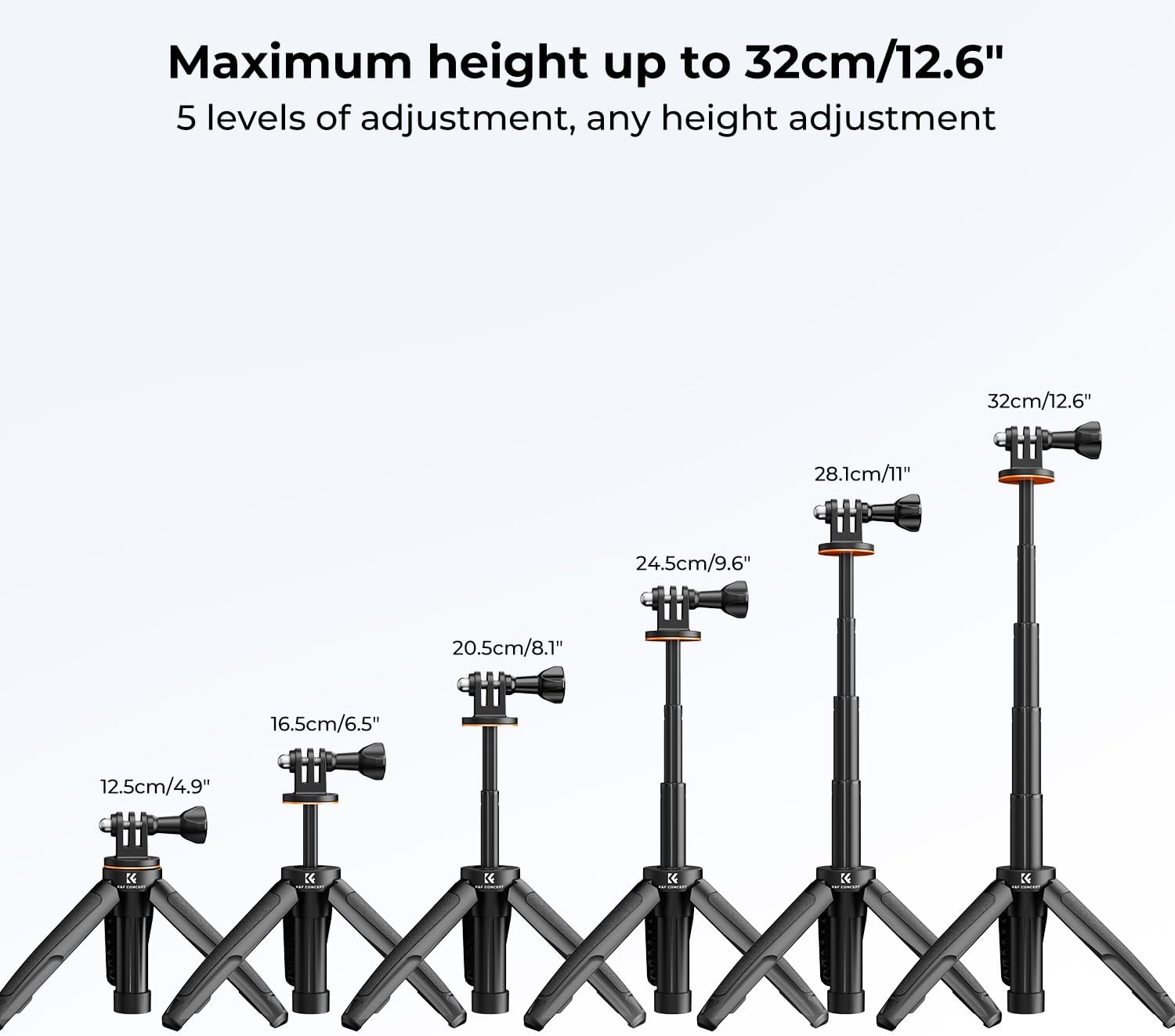 K&F Concept Selfie Stick Tripod for Gopro, 32CM Extendable Vlog Selife Stick Portable Stand Compatible with Gopro Hero 12/11/10/9/8/7/6/5/Gopro Max DJI Osmo Action Insta 360 AKASO Action Camera Black - Black image number 2