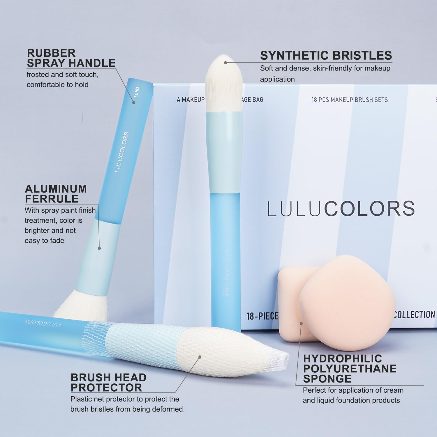 LULUCOLORS 18-Piece Light Blue Professional Makeup Brush Set &ndash; Translucent Rubberized Handles, Soft Synthetic Bristles for Face & Eye Makeup &ndash; Includes Travel Bag & Sponges,Complete Brush Collection - 18 Pcs Multicolor image number 2