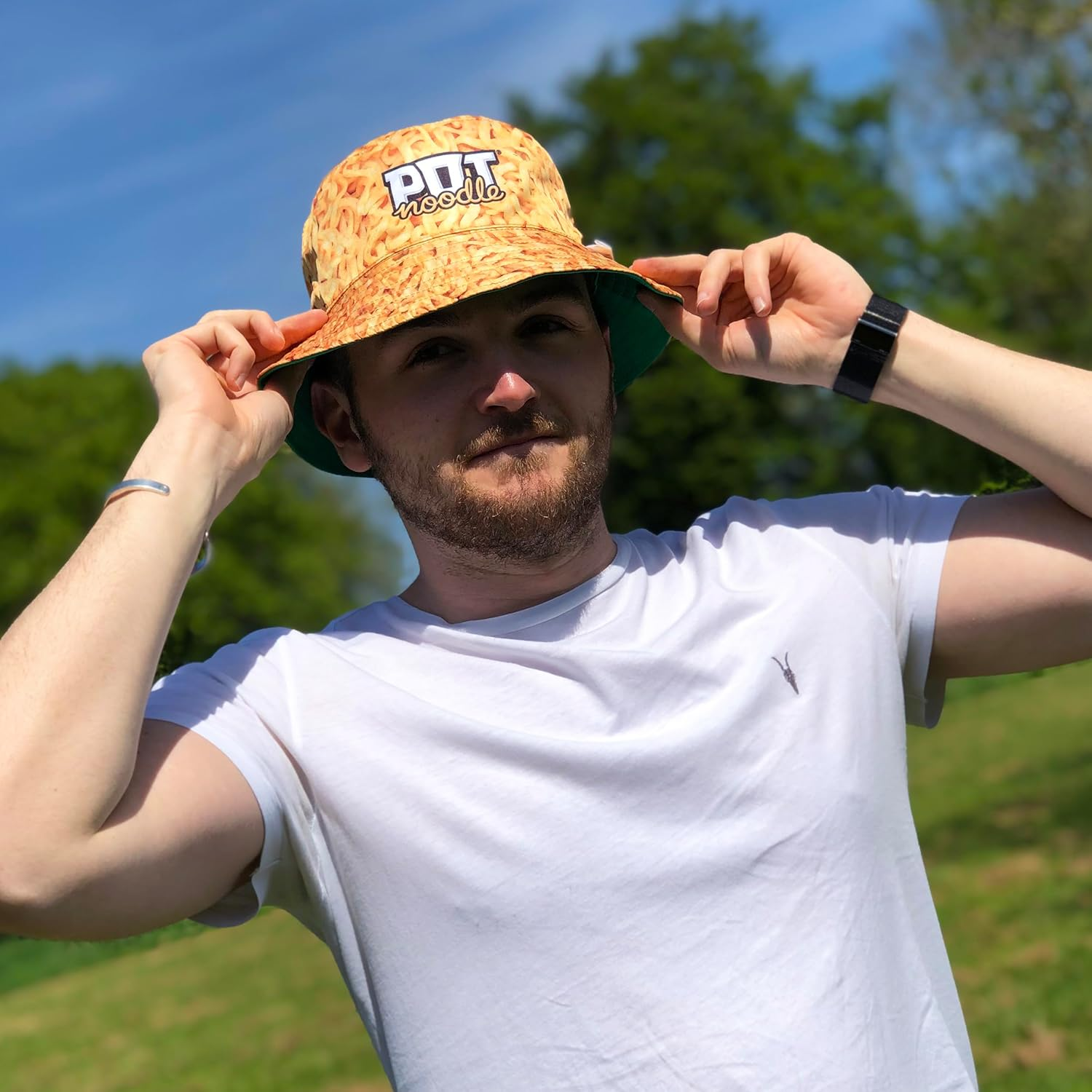 Kimm & Miller Pot Noodle Bucket Hat - Unisex Womens & Mens Bucket Hat - Reversible Design - Novelty Festival Accessories - Funny Hats in Green & Noodle Print, Green, One Size image number 2