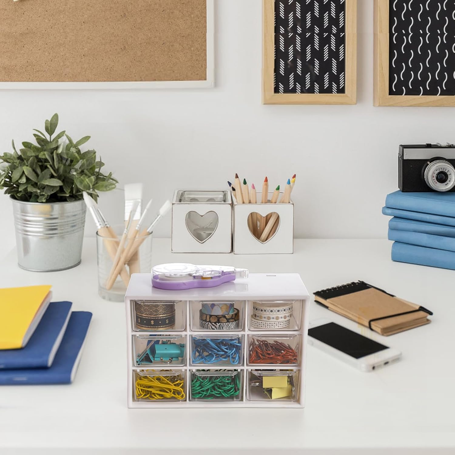 Hacaroa 6 Pack Mini Drawer Organizer with 9 Drawers, Plastic Desktop Craft Storage Case Box for Art Supply, Office Supplies, Cosmetics, Jewelry, Dorm Room, off White image number 1